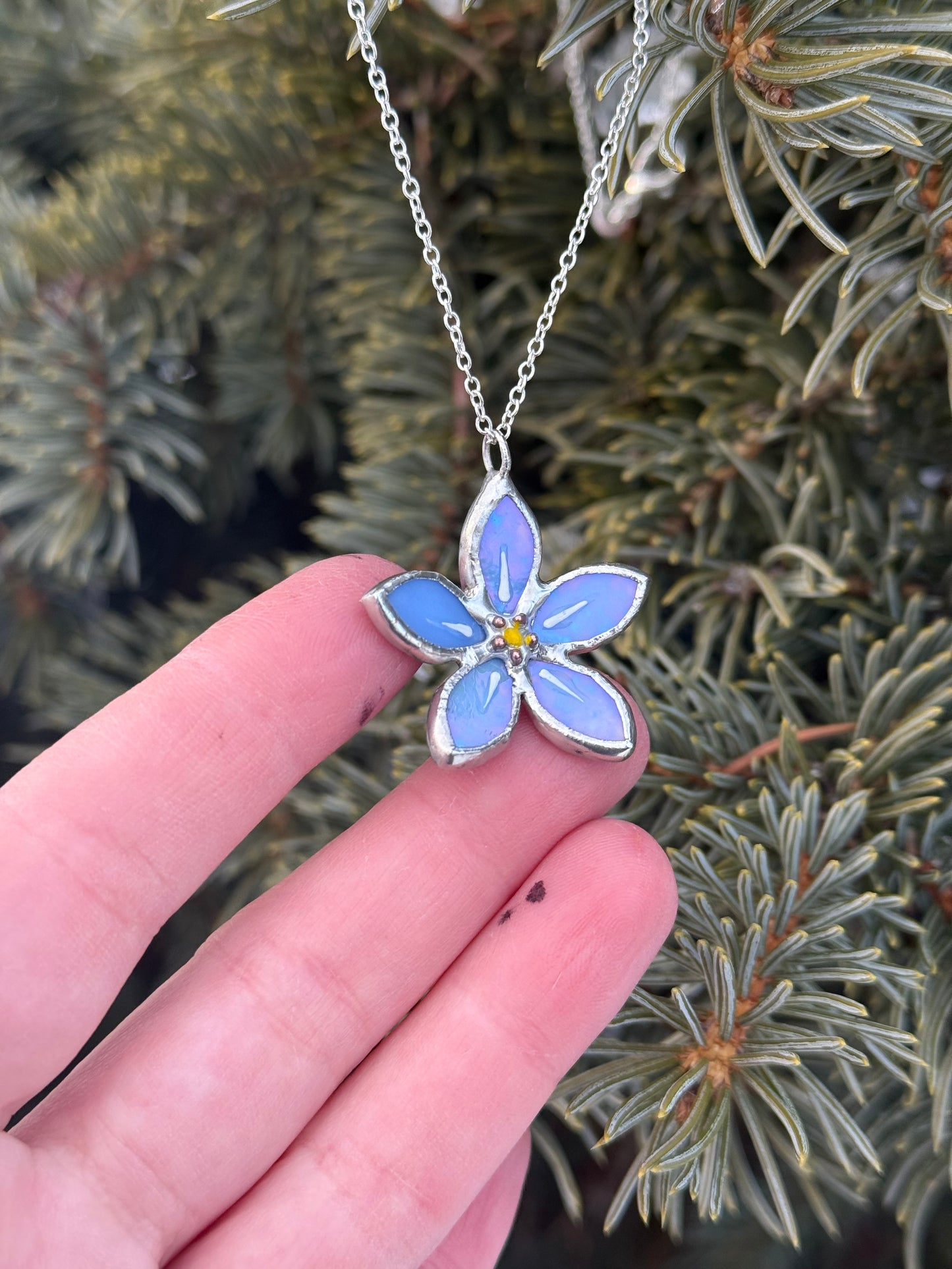 " . Necklace Stained glass Forget Me Not flower Sky Blue iridescent, Modern art, jewelry