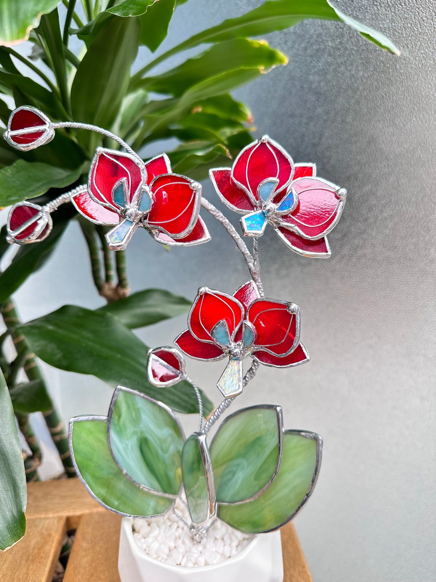 ". Ruby Red Orchid 3 flowers with pot” Stained glass tropical flower 3D, Sun catcher, Table plant decor, Garden stick, Outdoor and gardening decor