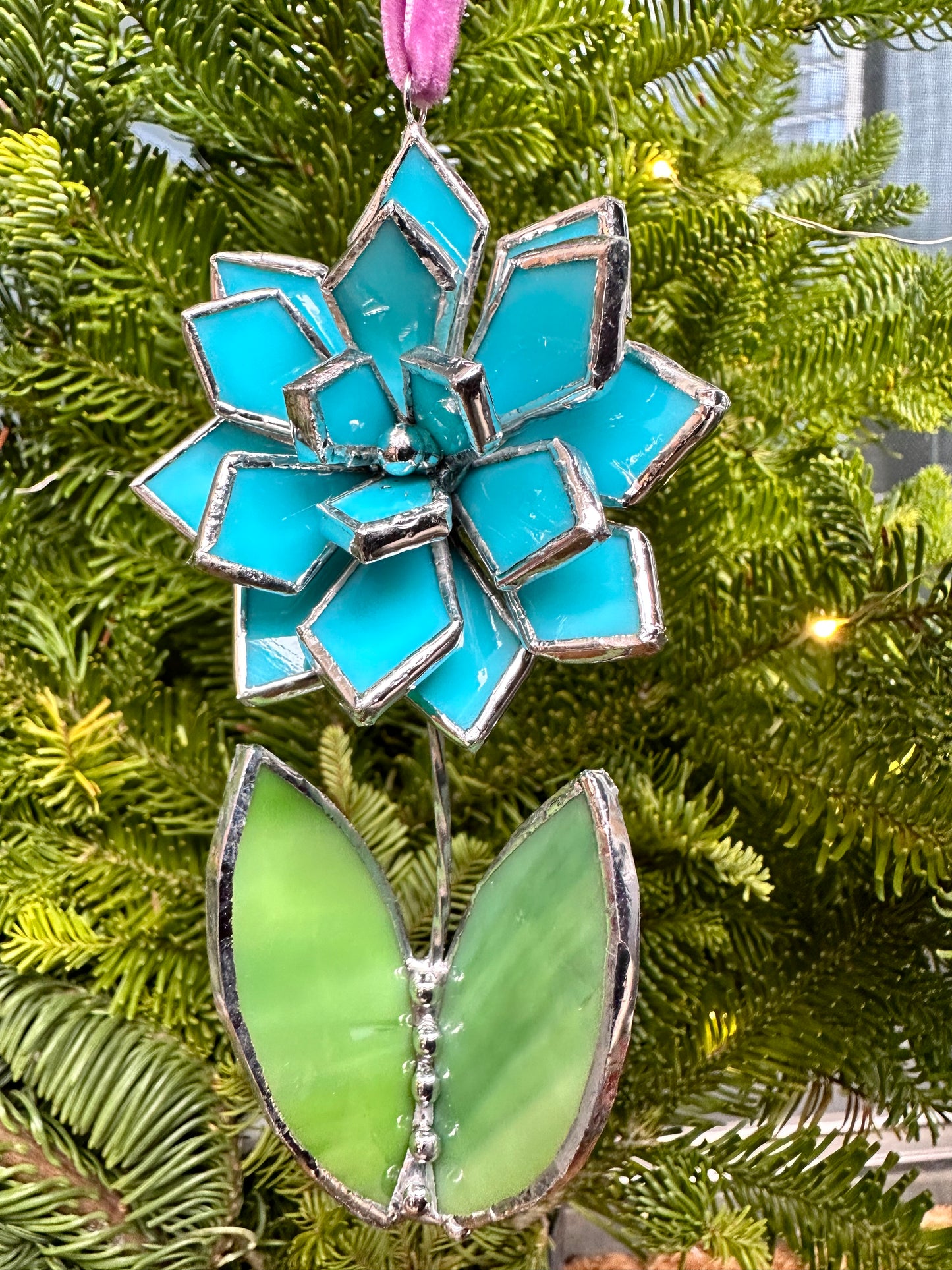 Christmas tree ornament Flower Turquoise Set of 1, 3, 5, 7, 10. Stained glass Wall window decor, holiday decorations, lights