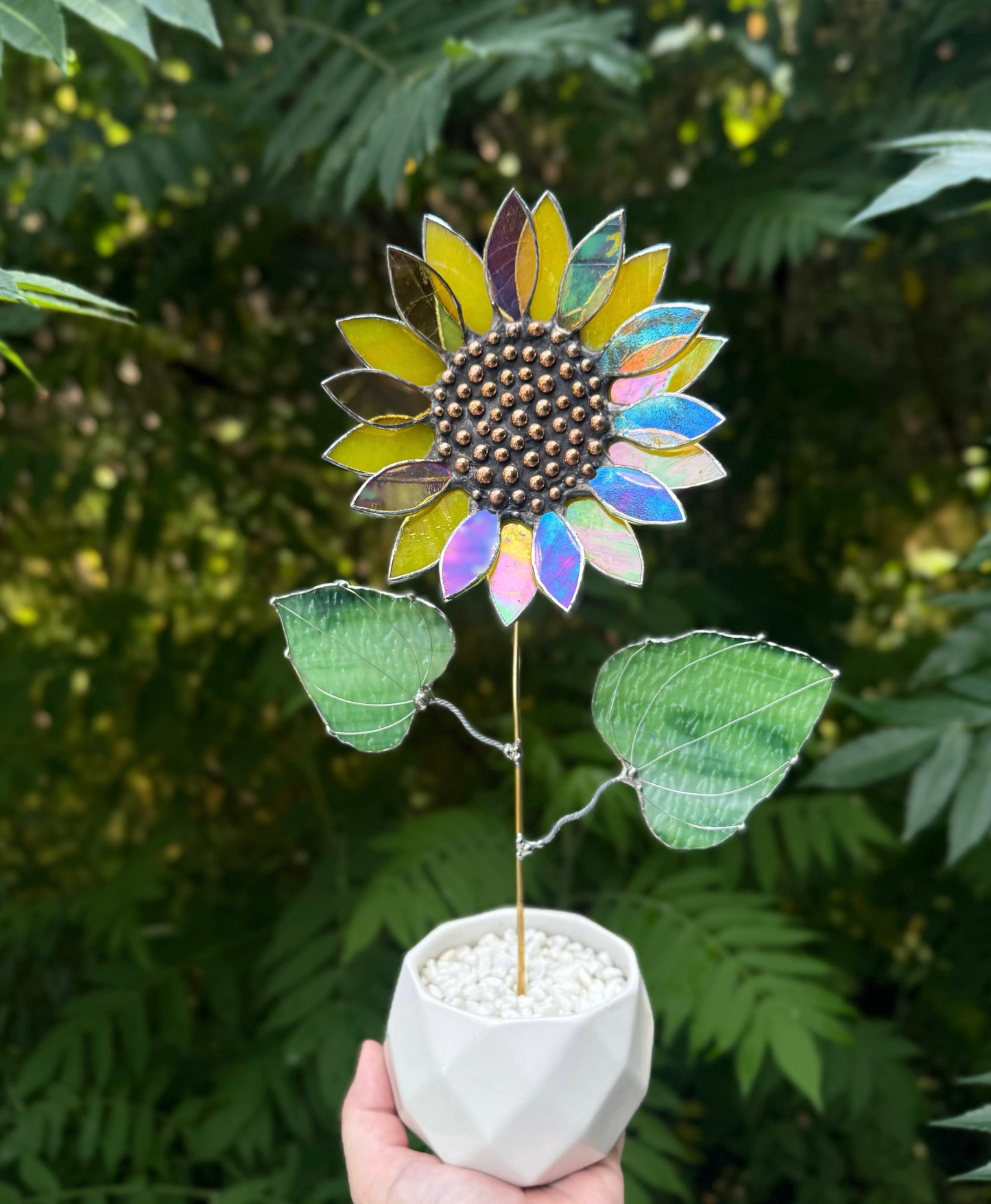 .Lemon Yellow & Amber Irid Sunflower Artisan 3D Stained Glass Suncatcher, Table Decor
