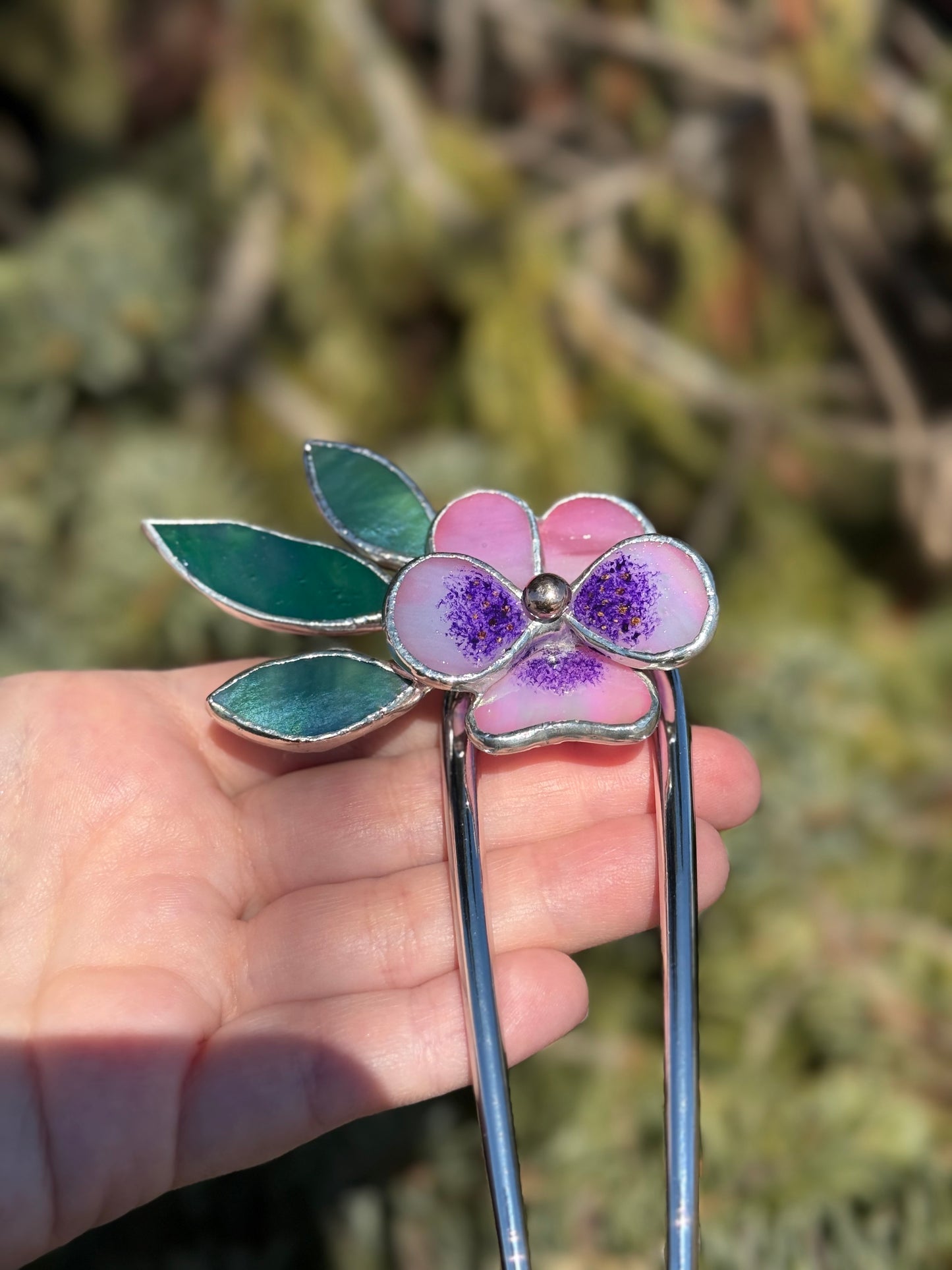 .Hair Pin Stained Glass Pansy Flower CHOOSE COLOR Handmade Floral Accessories