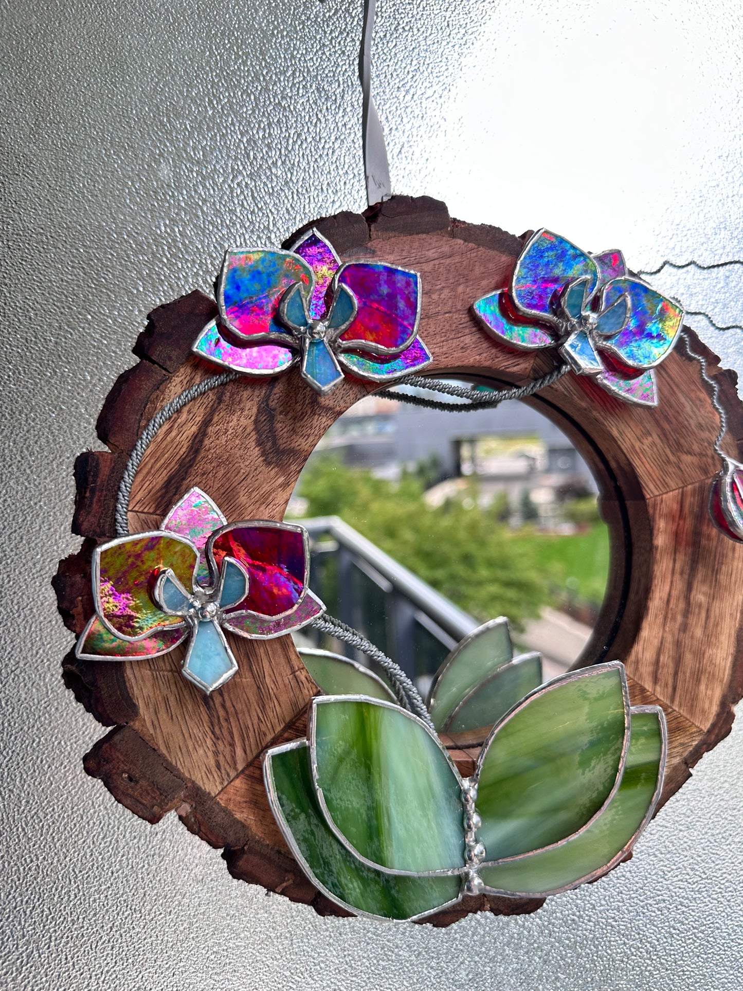 ". Red transparent iridescent Orchid Mirror" Stained glass flower Wall decor.  Sun catcher Wooden frame Home wedding Decor Art. Christmas gift