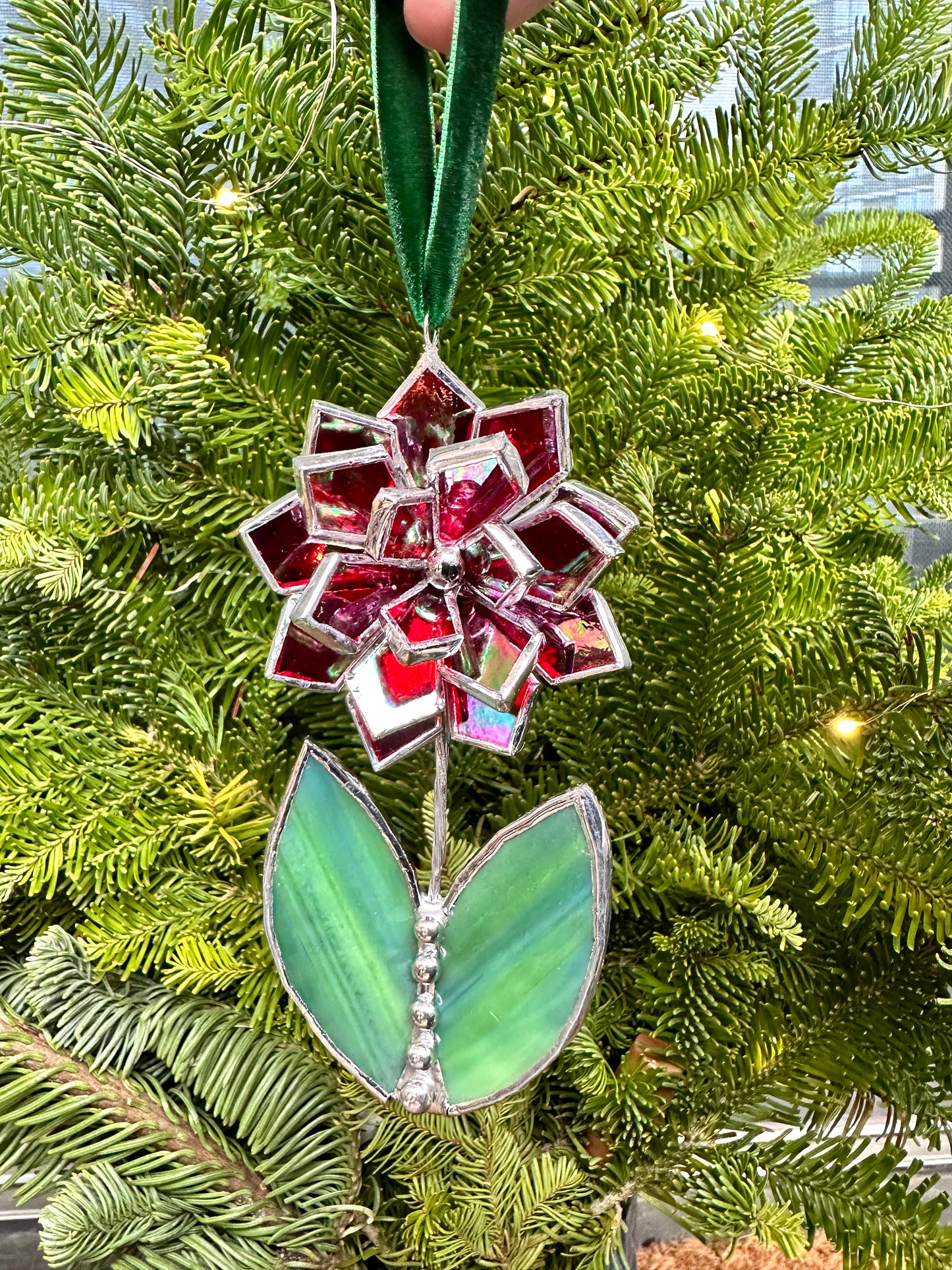 Christmas tree ornament Flower Red iridescent Set of 1, 3, 5, 7, 10. Stained glass Wall window decor, holiday decorations, lights