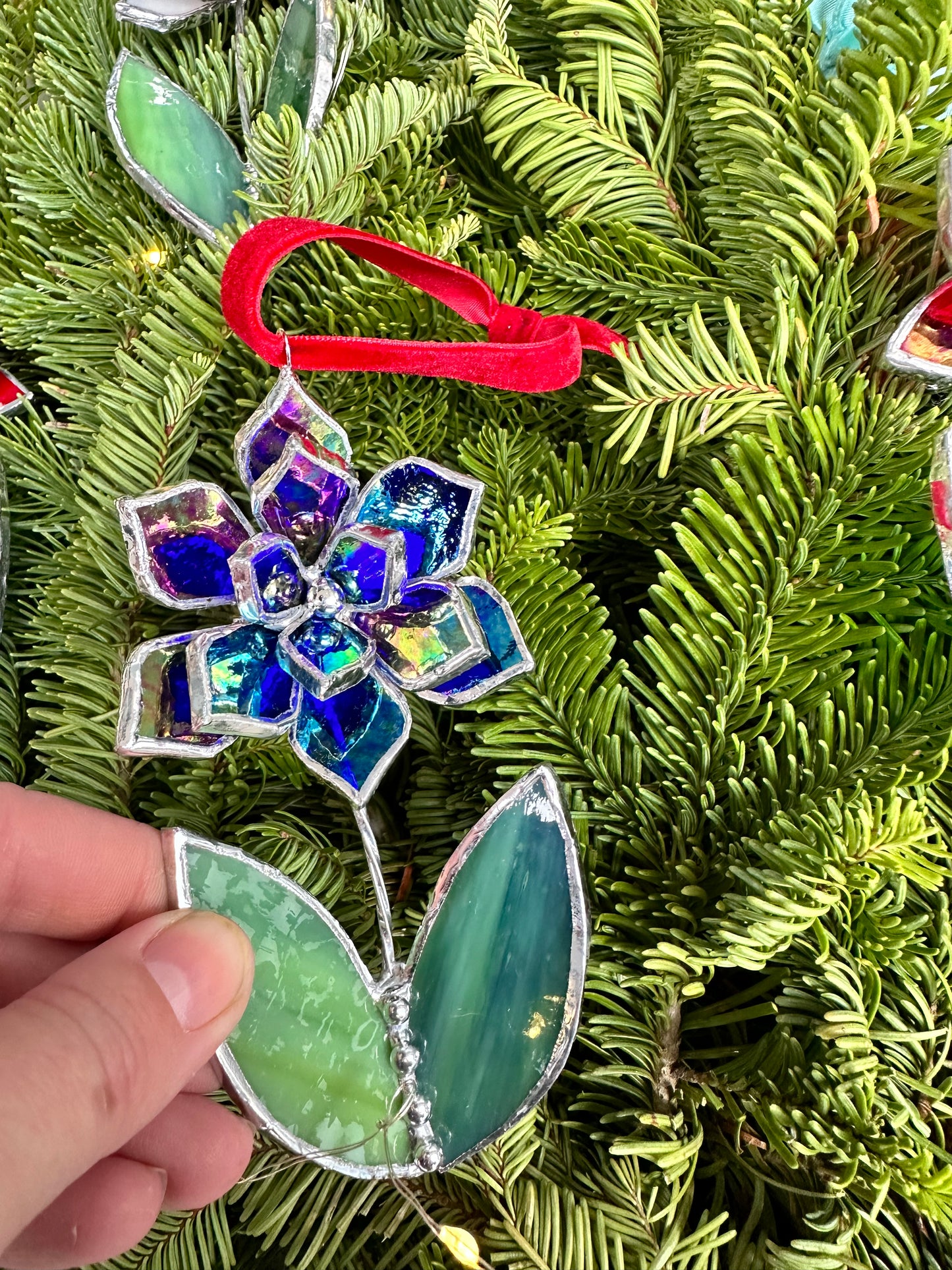 Christmas tree ornament Flower Indigo iridescent Set of 1, 3, 5, 7, 10. Stained glass Wall window decor, holiday decorations, lights