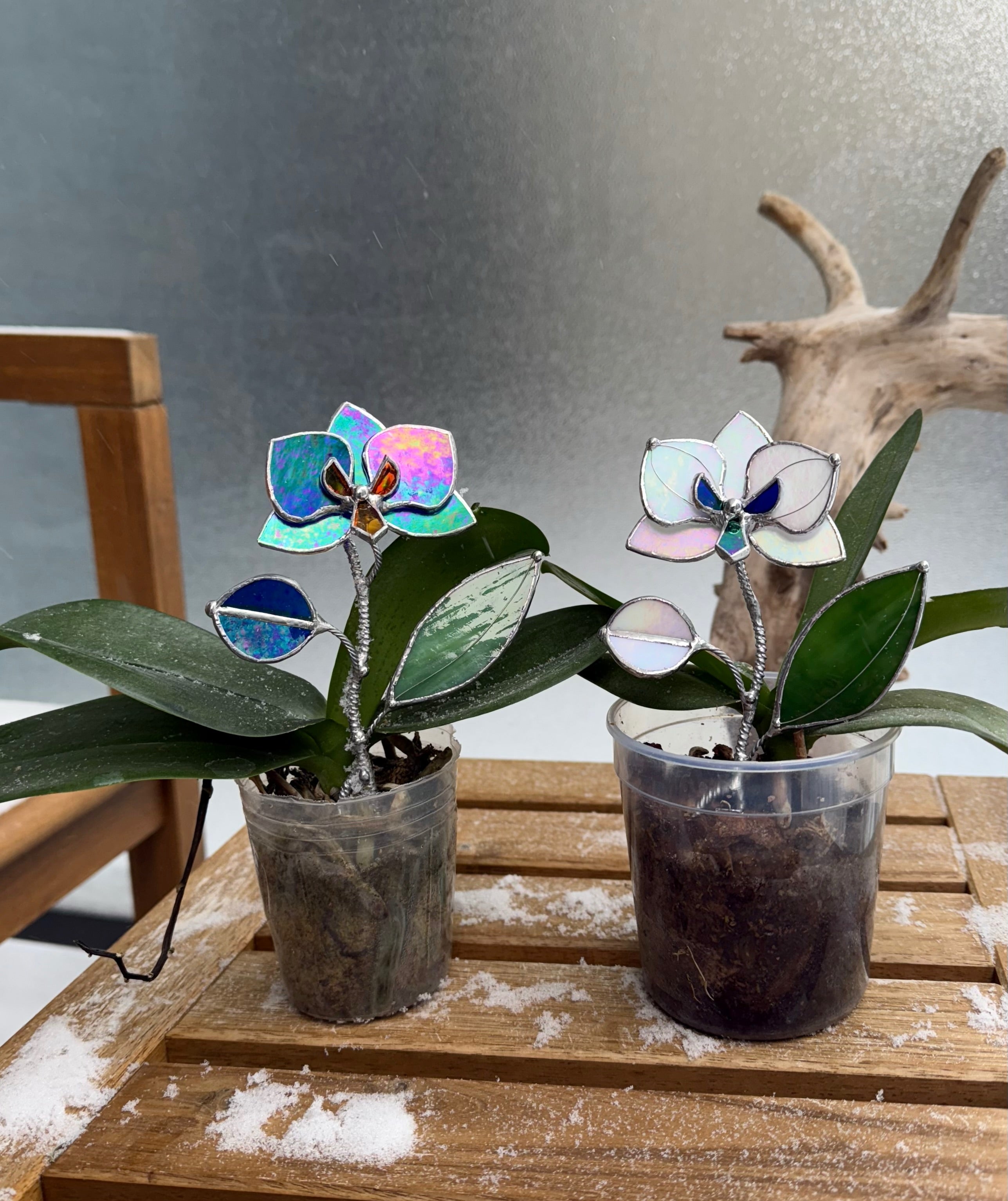CHOOSE COLOR Stained Glass Orchid Plant Stake, Botanical Pot Decor