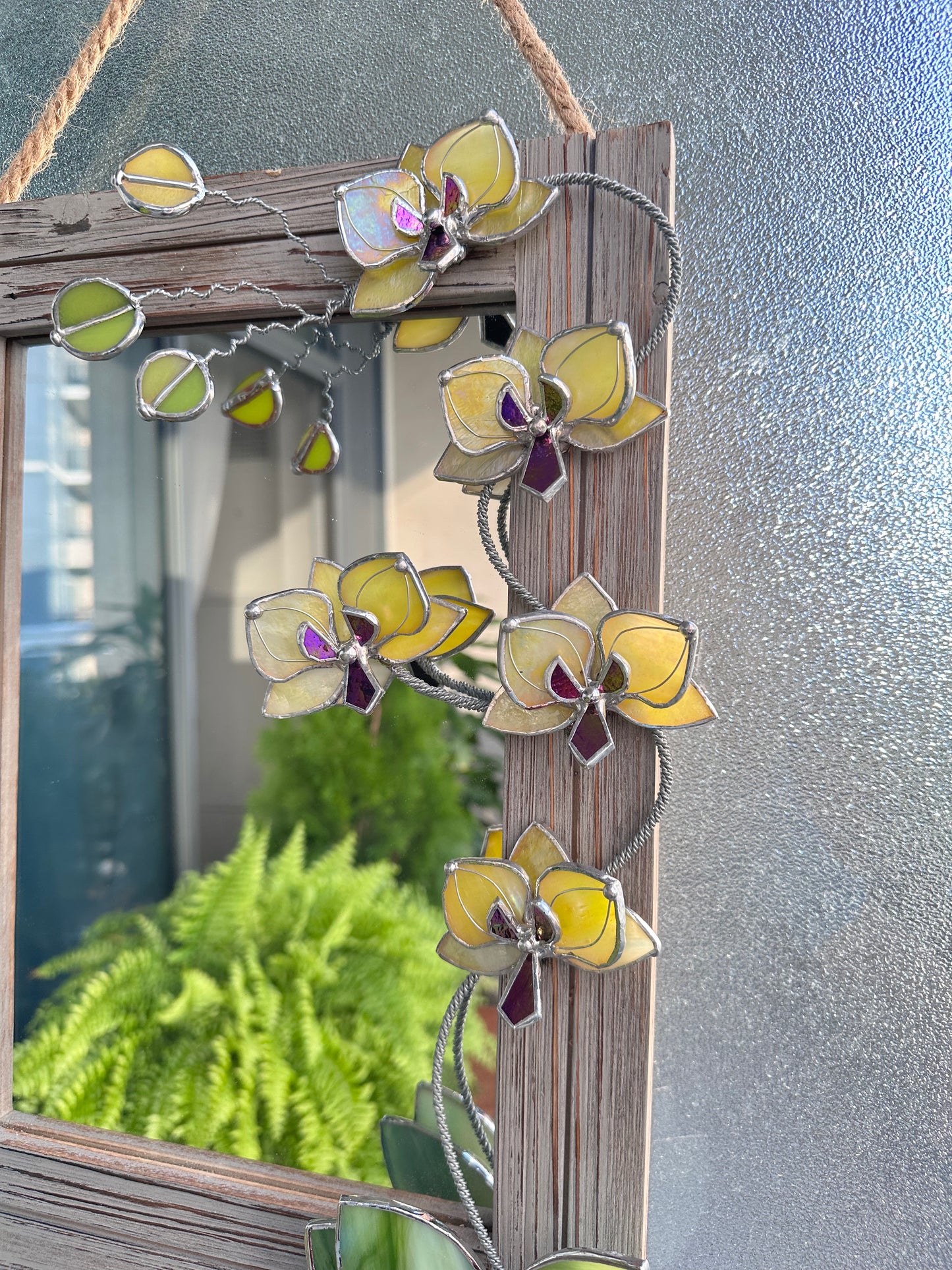 ". Blooming Orchid Yellow iridescent" Stained glass flower Mirror, Wall decor, Wedding, Christmas gift