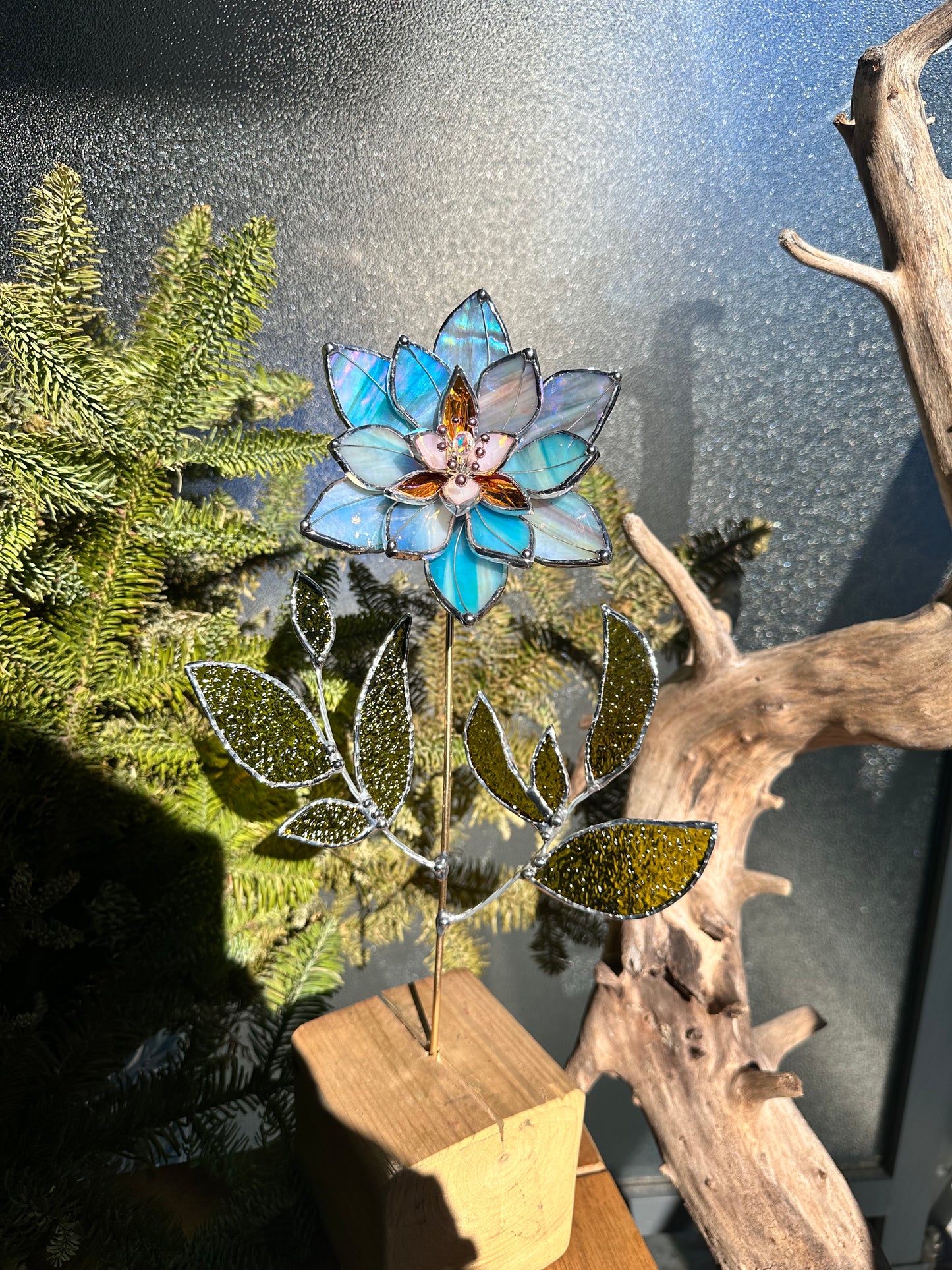 ".Lily Sky Blue & Lavender iridescent " Stained glass tropical flower 3D, Sun catcher, Table plant decor, Garden stake, wedding decor, Christmas gift