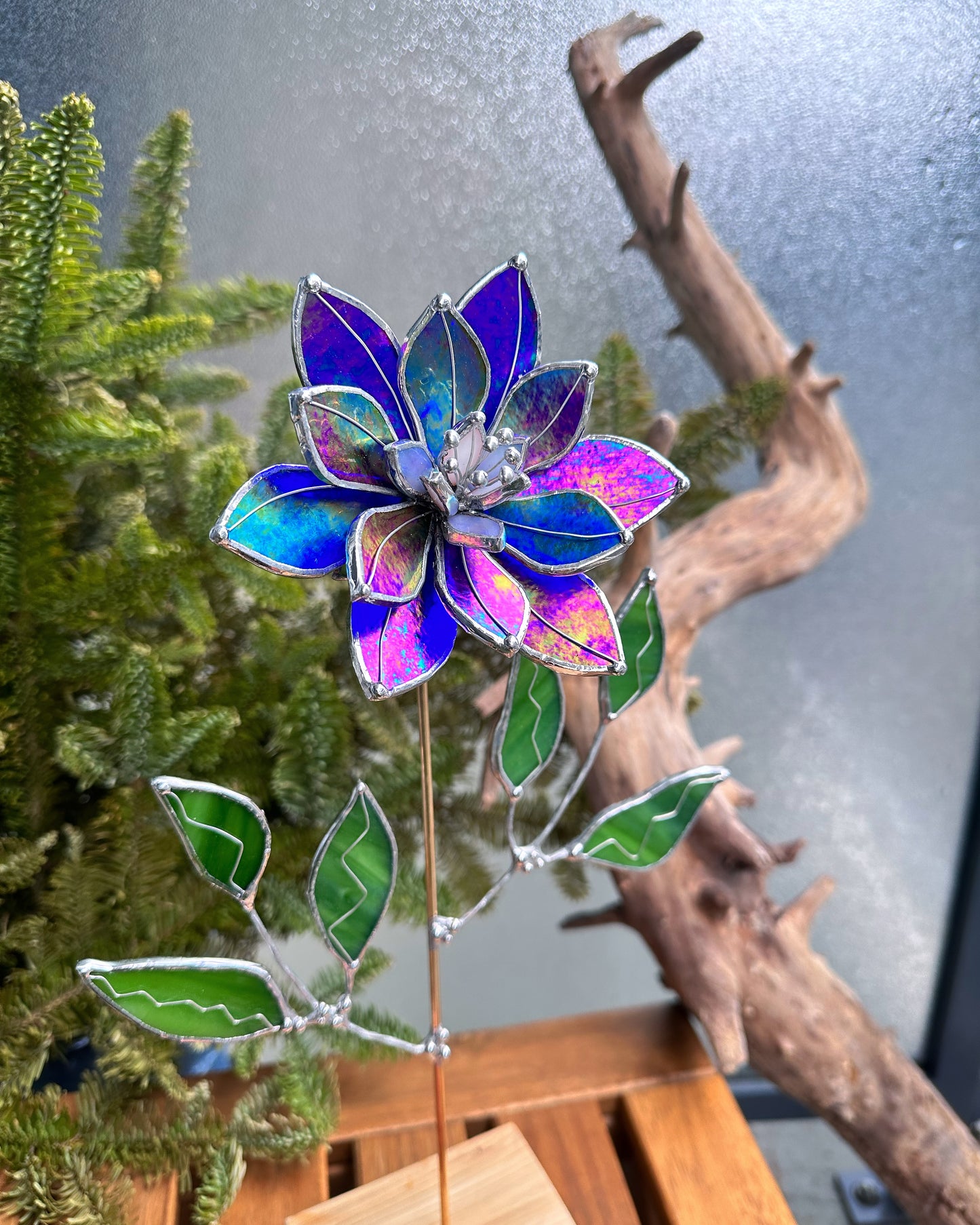 ". Lily Indigo blue Iridescent" Stained glass tropical flower 3D, Sun catcher, Table plant decor, Garden stake, wedding decor, Christmas gift