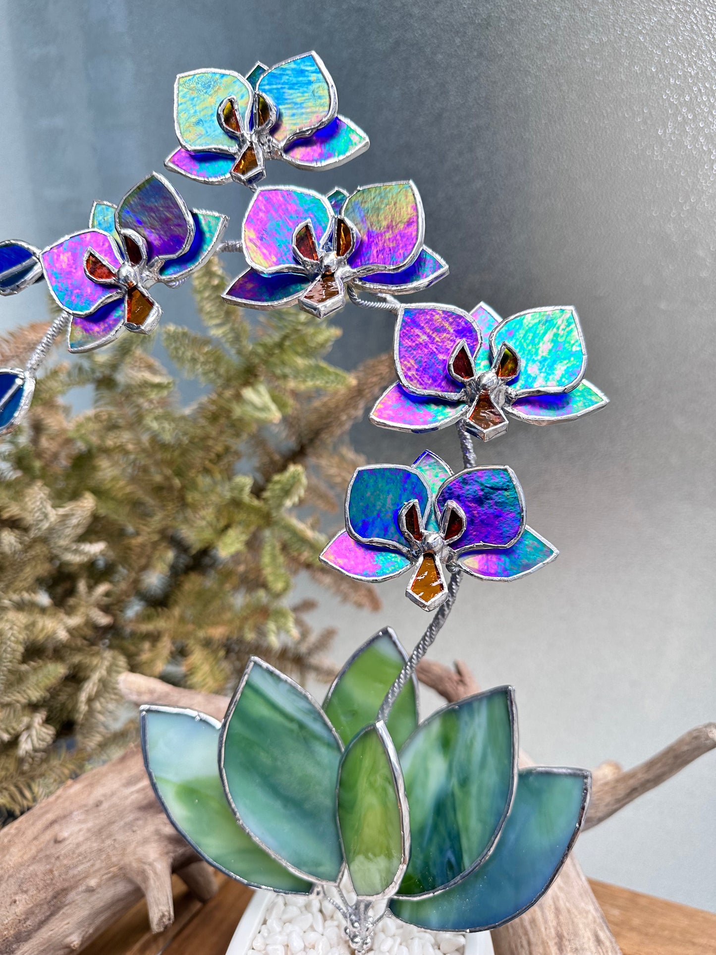 " .Indigo iridescent Orchid 5 flowers with pot" Stained glass tropical flower 3D, Sun catcher, Table plant, Garden stick, wedding decor, Christmas gift