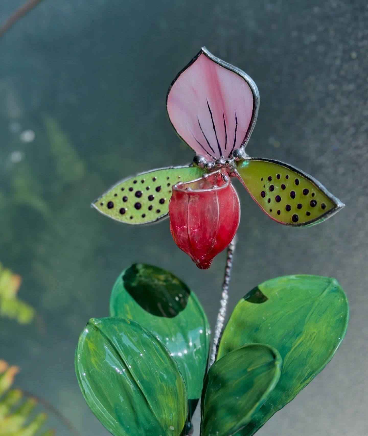 Lady’s Slipper Orchid, Handpainted Artificial Flower With Resin Leaves, Botanical Art Stained glass
