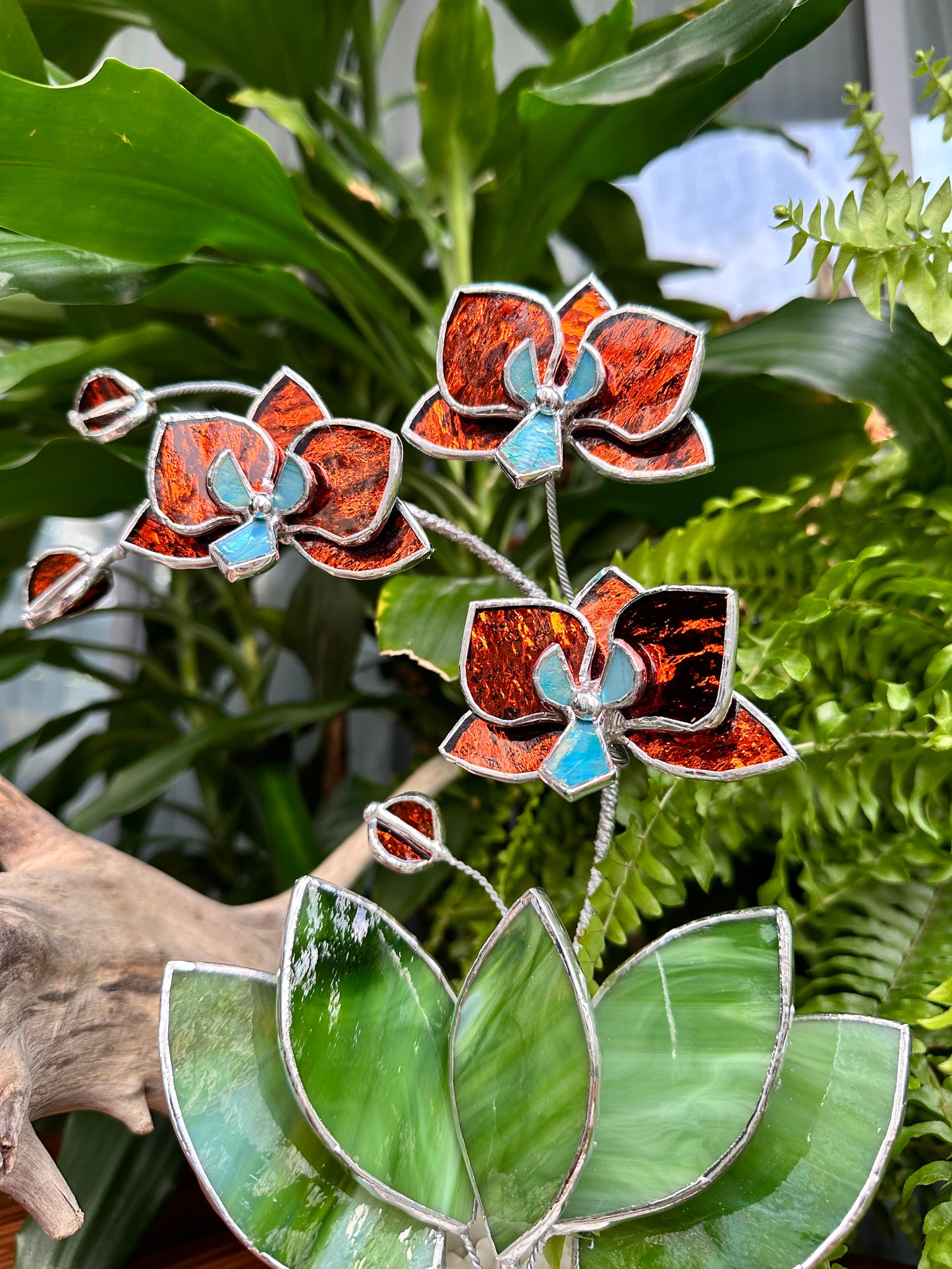 ". Golden Orchid 3 flowers with pot” Stained glass tropical flower 3D, Sun catcher, Table plant, Garden stick, Outdoor and gardening decor,