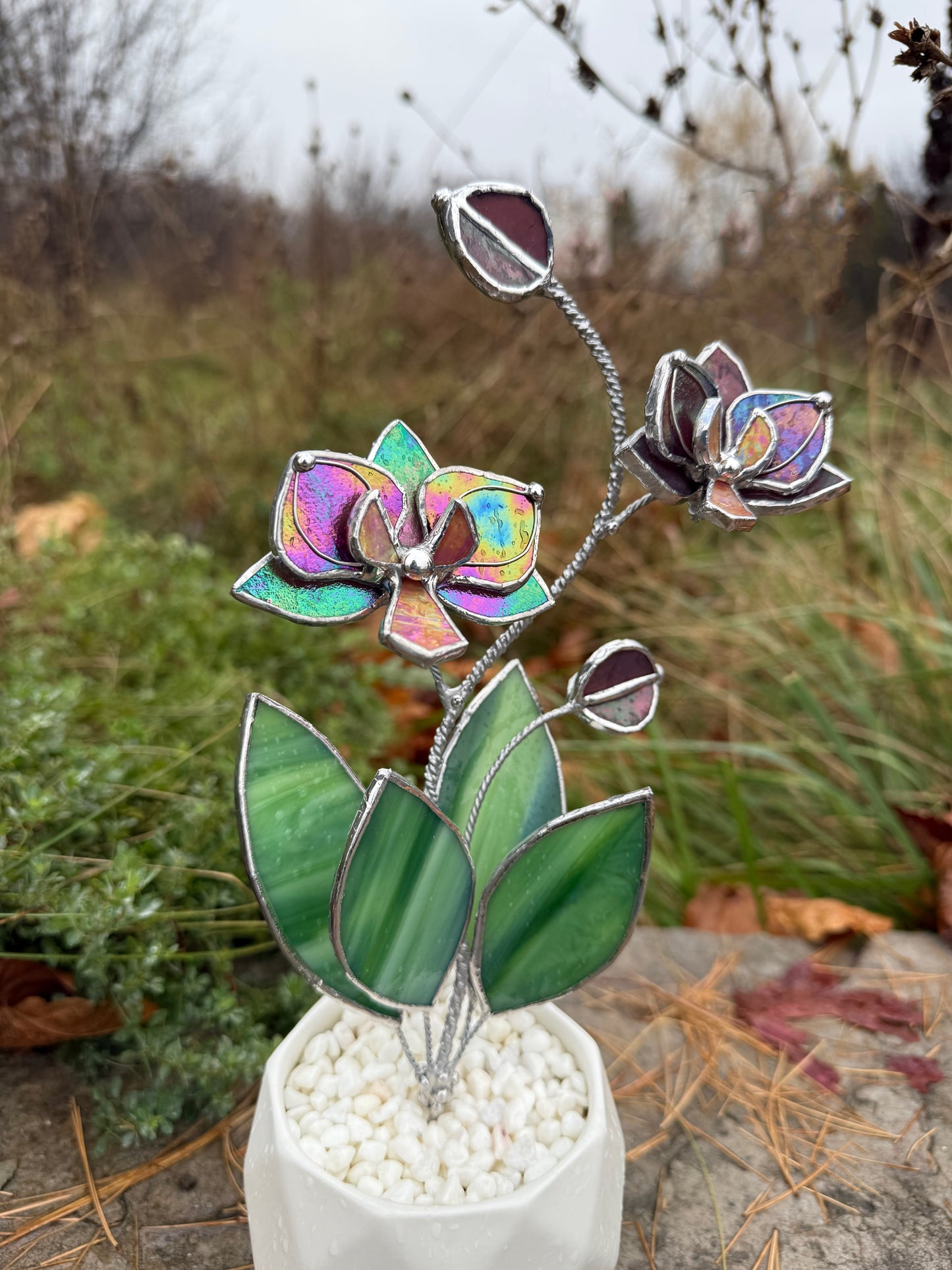 " . Mauve iridescent Orchid 2 flowers with pot” Stained glass tropical flower 3D, Sun catcher, Table plant decor, Garden stick, Outdoor and gardening decor