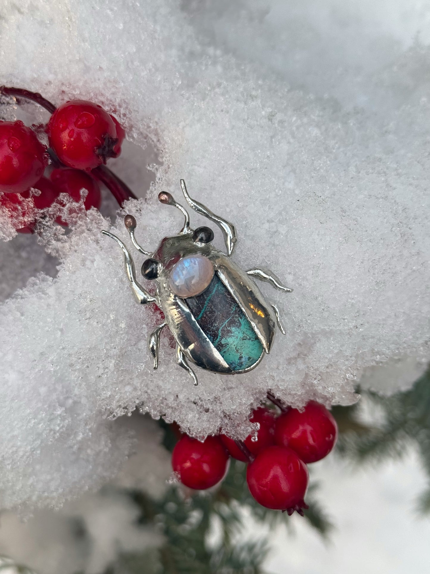 "  . Bug Necklace or Brooch with semi-precious stones and fused glass, art jewelry pendant 3D wedding jewelry Mother’s Day gift