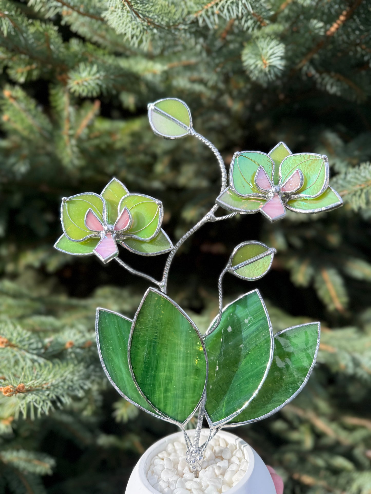 " .  Bright green iridescent Orchid, 2 flowers with pot” Stained glass tropical flower 3D, Suncatcher, Table plant decor