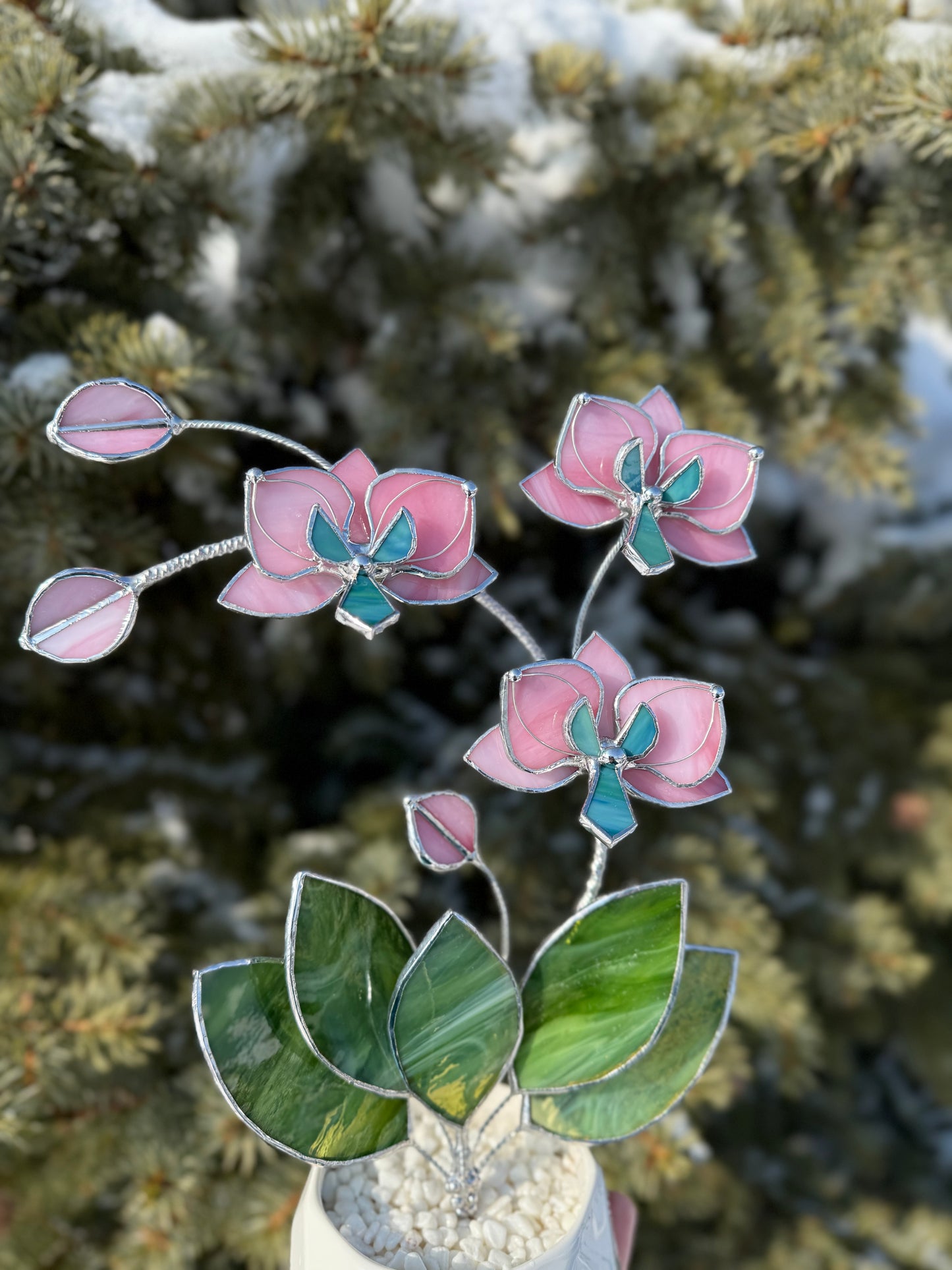 " . Bright Pink Orchid 3 flowers with pot” Stained glass tropical flower 3D, Sun catcher, Table plant, Garden stick, Outdoor and gardening decor