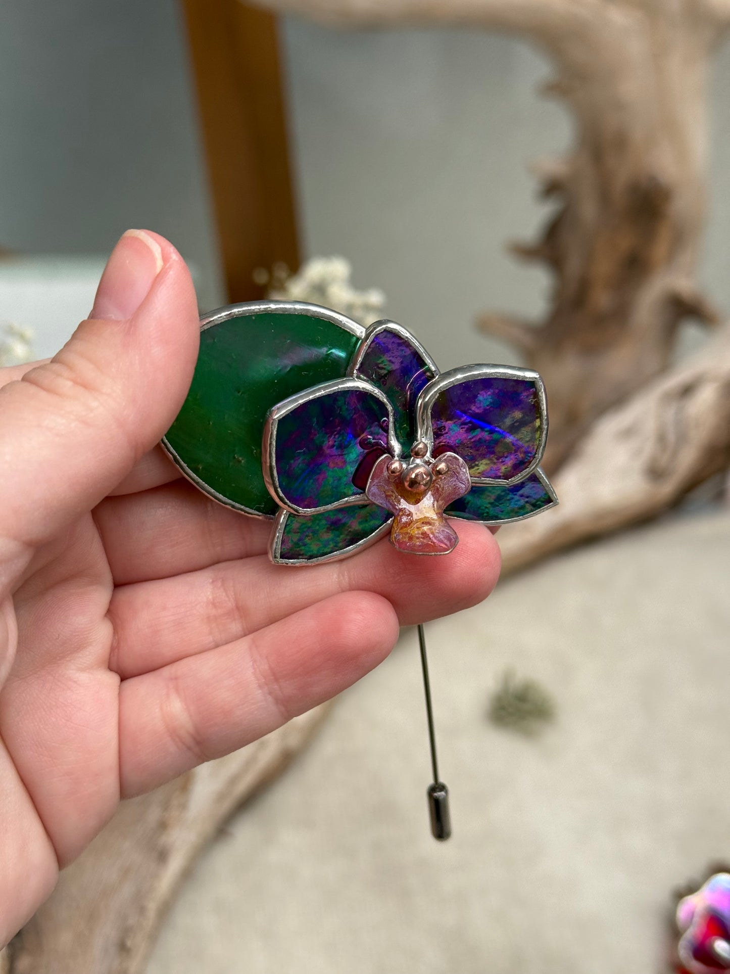 Orchid Brooch Statement Stained Glass Floral Pin, Modern Art Jewelry