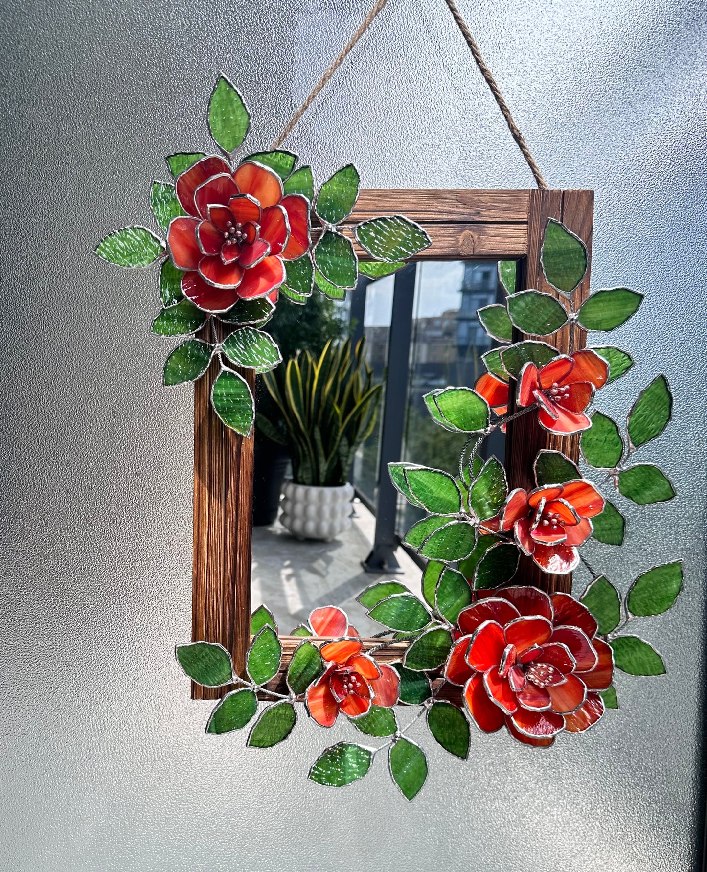 " . Flower Mirror Red Roses, Stained glass Wedding Wall Decor Christmas gift, Suncatcher