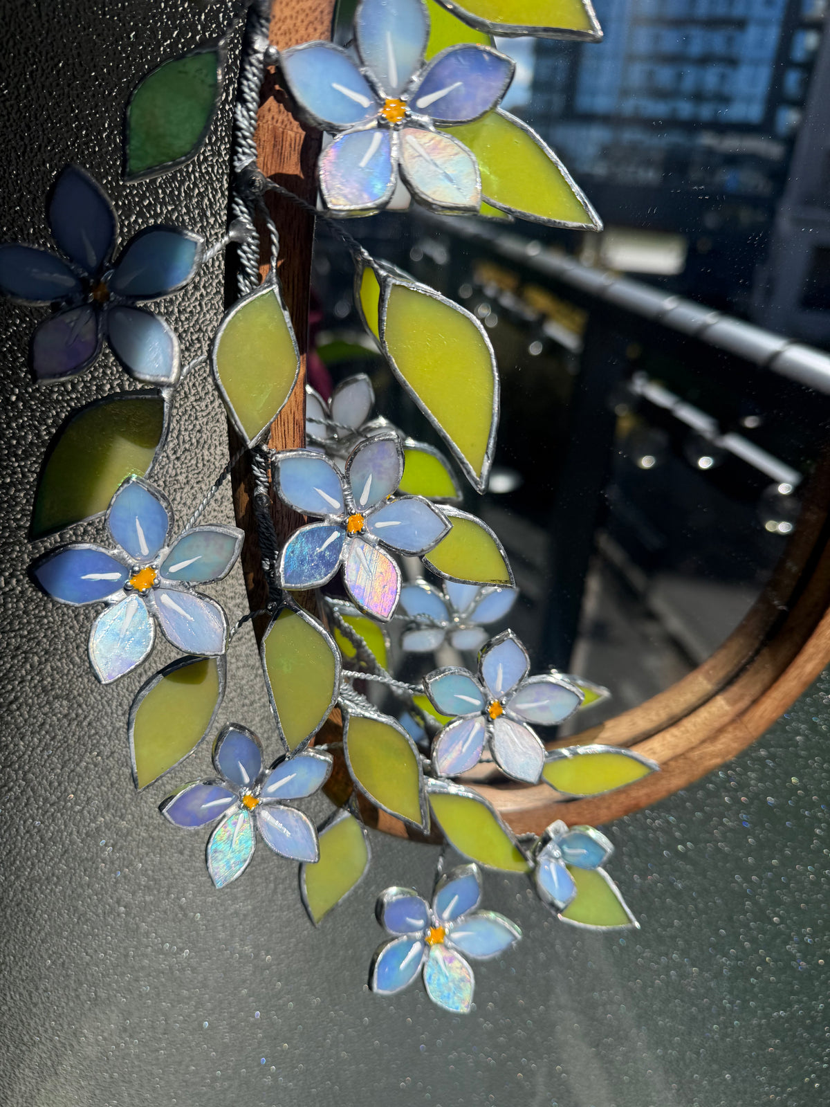 Forget Me Not iridescent Stained glass Flower Mirror, 3D Botanical Floral Wall Art ready new