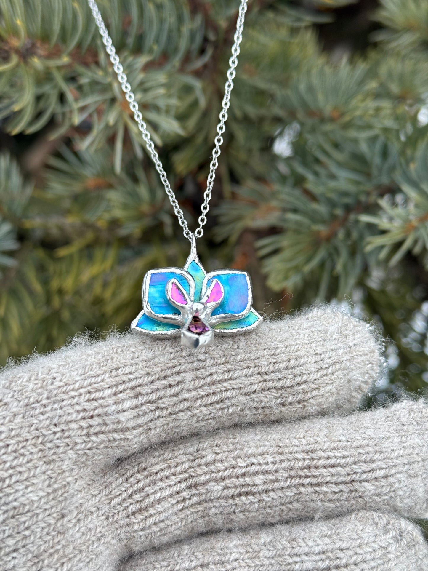 " . Necklace Orchid Sky Blue iridescent Necklace” Stained glass tropical flower 3D, art jewelry