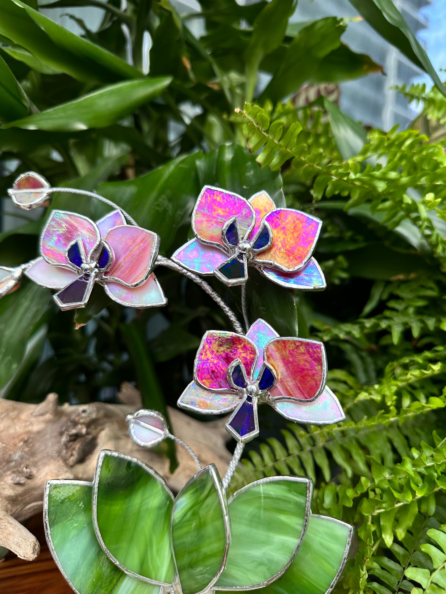 ". Peachy white iridescent Orchid 3 flowers with pot” Stained glass tropical flower 3D, Sun catcher, Table plant, Garden stick, Outdoor and gardening decor