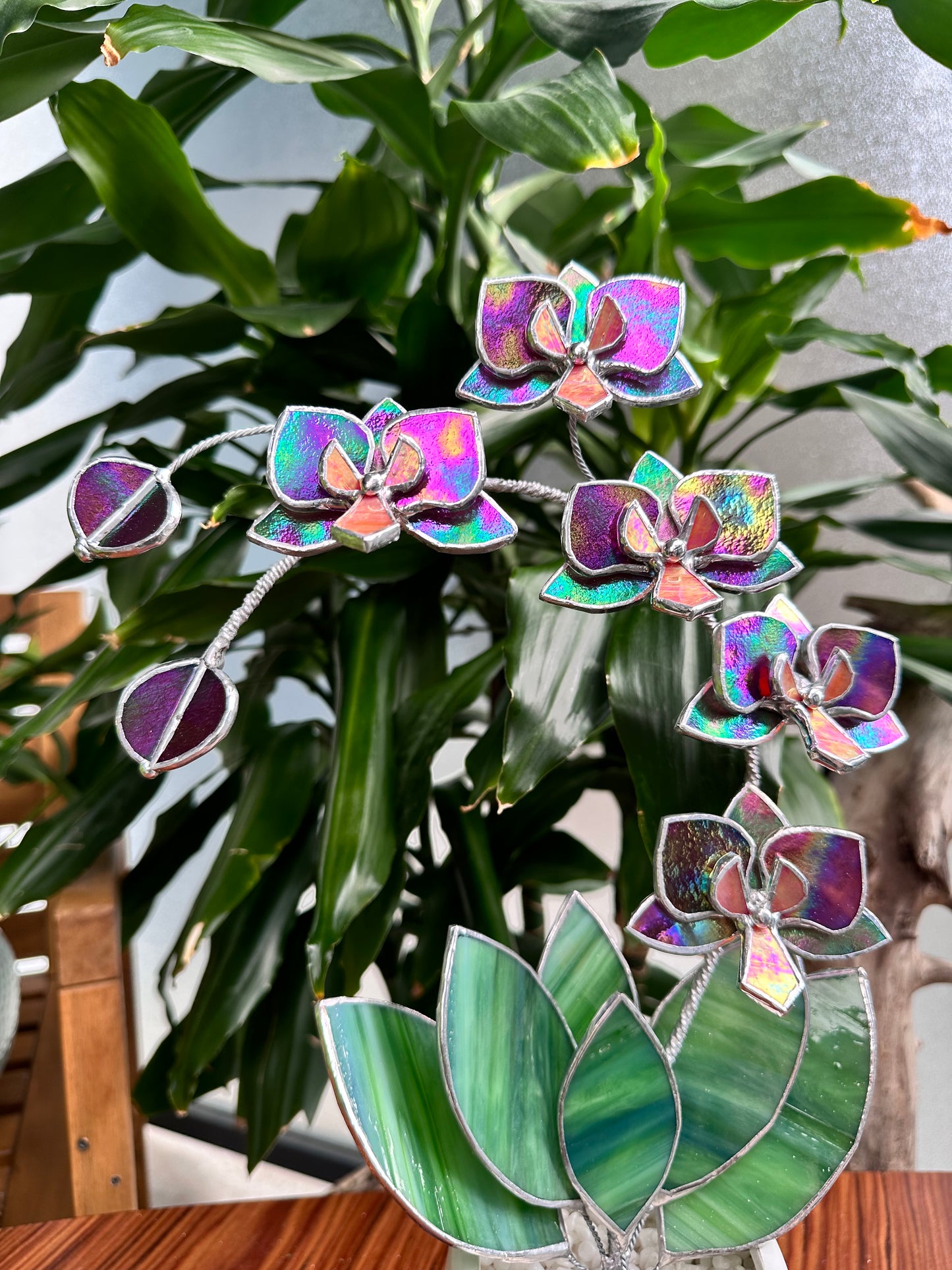 " . Mauve iridescent Orchid 5 flowers with pot" Stained glass tropical flower 3D, Sun catcher, Table plant, Garden stick, wedding decor, Christmas gift, available