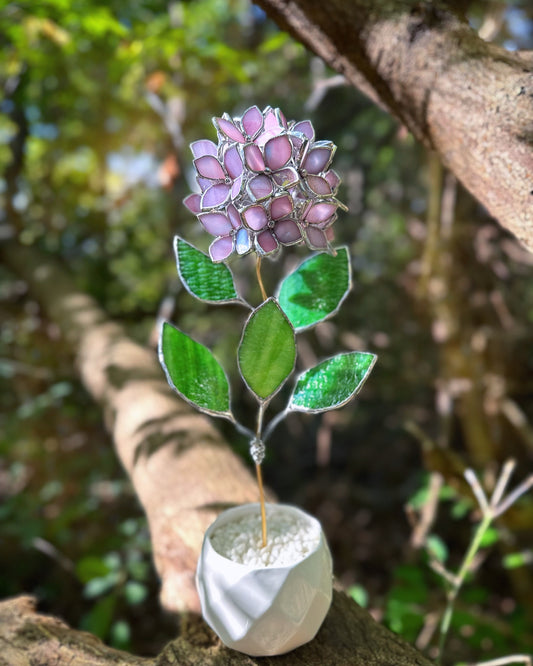 " . Dusty Pink Hydrangea bunch translucent in the sun in flower pot”, Stained glass tropical flower 3D, Sun catcher, Table plant, Garden stick, Outdoor and gardening decor