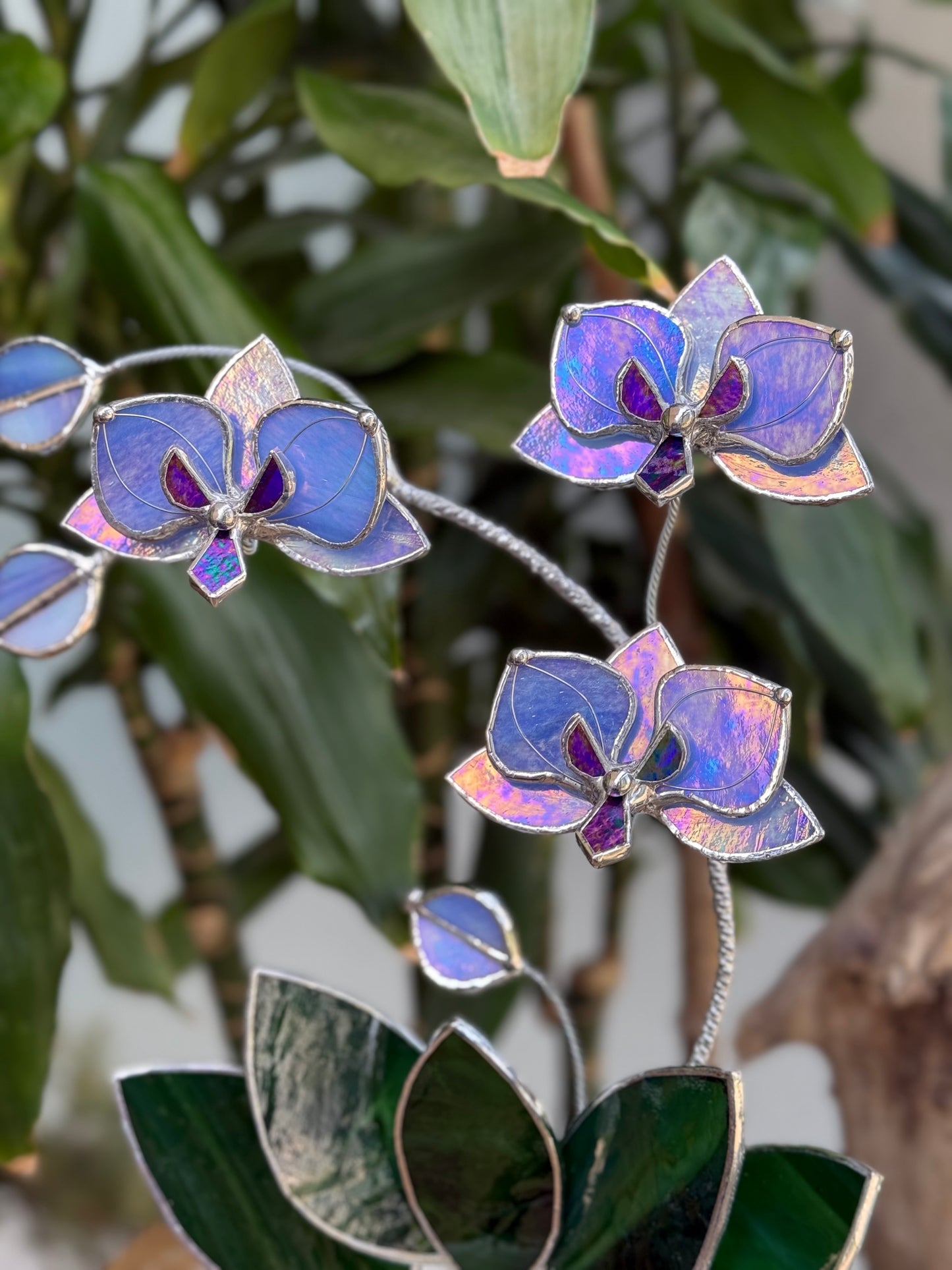 " . Blue lavender iridescent Orchid 3 flowers with pot” Stained glass tropical flower 3D, Sun catcher, Table plant, Garden stick, Outdoor and gardening decor available new
