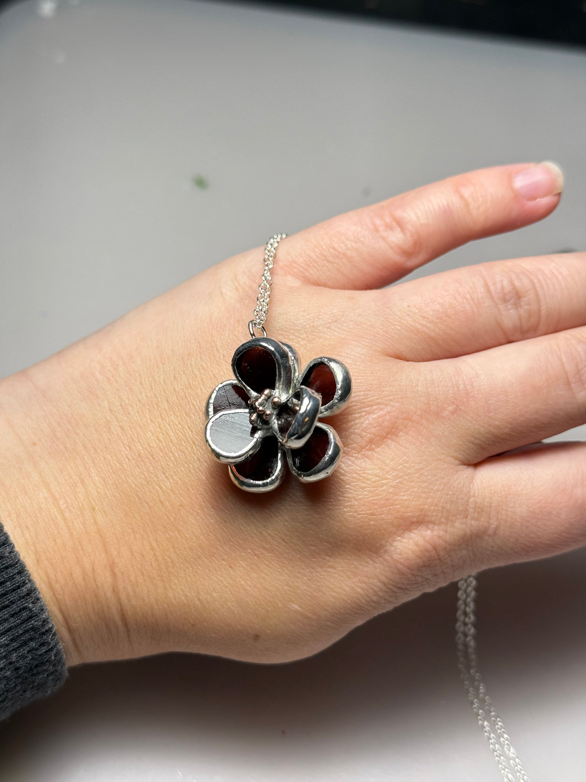 Chocolate Cosmos Flower Stained Glass Necklace, Handmade Botanical Jewelry