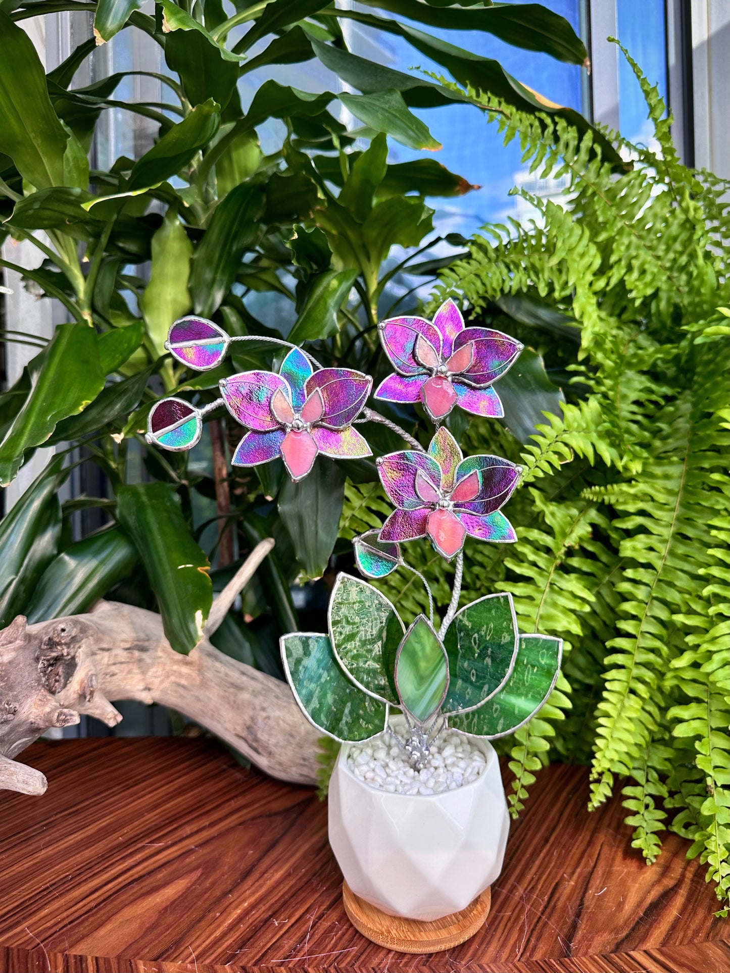 " . Mauve iridescent Butterfly Orchid 3 flowers with pot” Stained glass tropical flower 3D, Sun catcher, Table plant, Garden stick, Outdoor and gardening decor