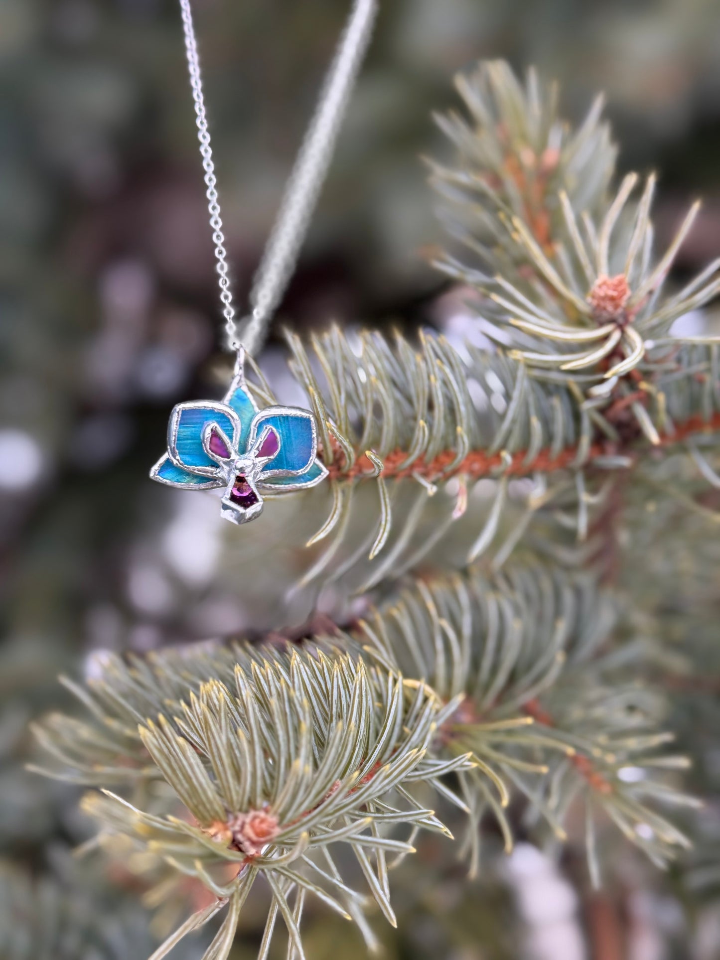 " . Necklace Orchid Sky Blue iridescent Necklace” Stained glass tropical flower 3D, art jewelry