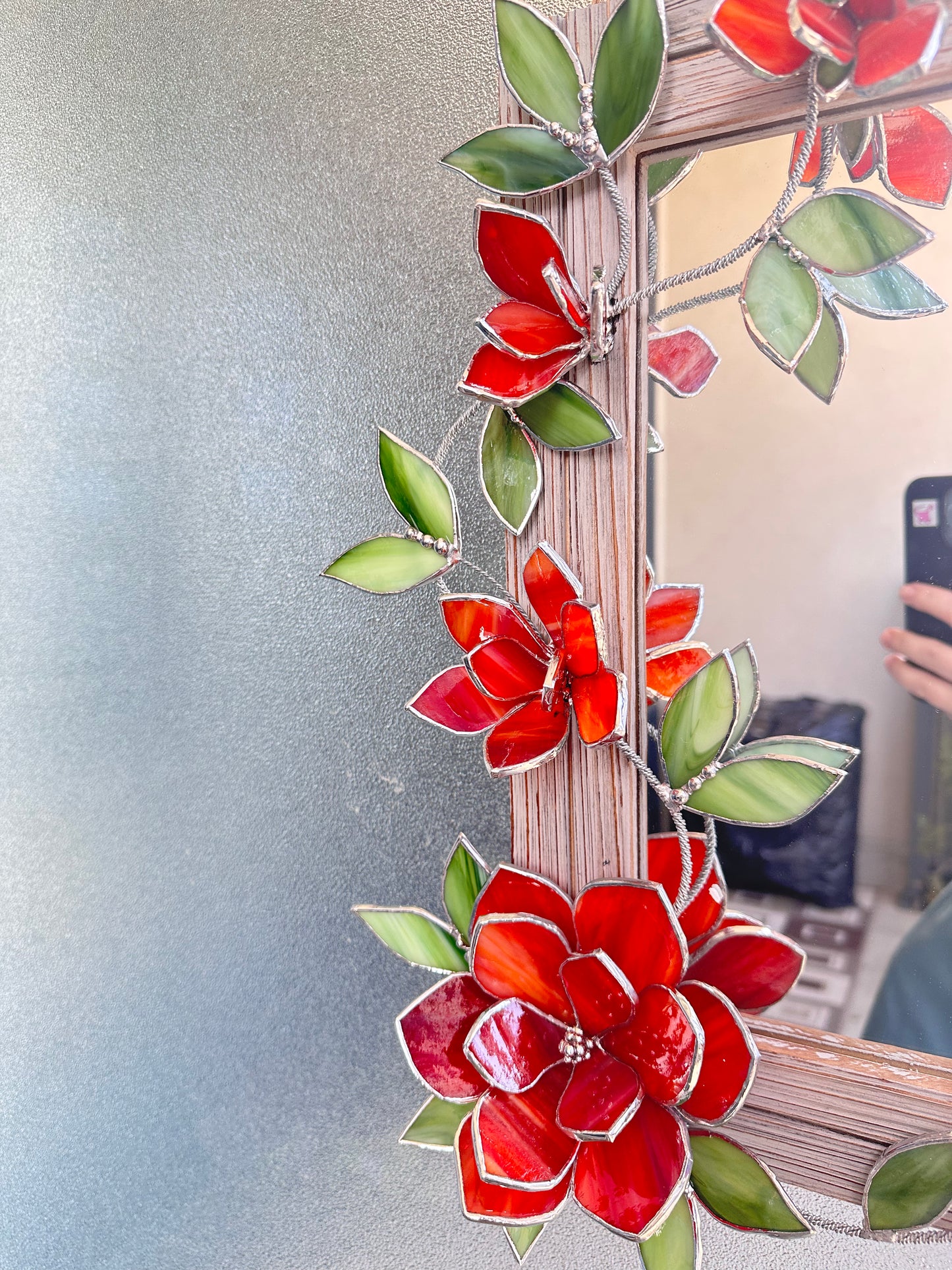 ".Stained glass flower Mirror Magnolia Red & Beige " Wedding Wall Decor, gift Everlasting flower, Suncatcher, Echeveria