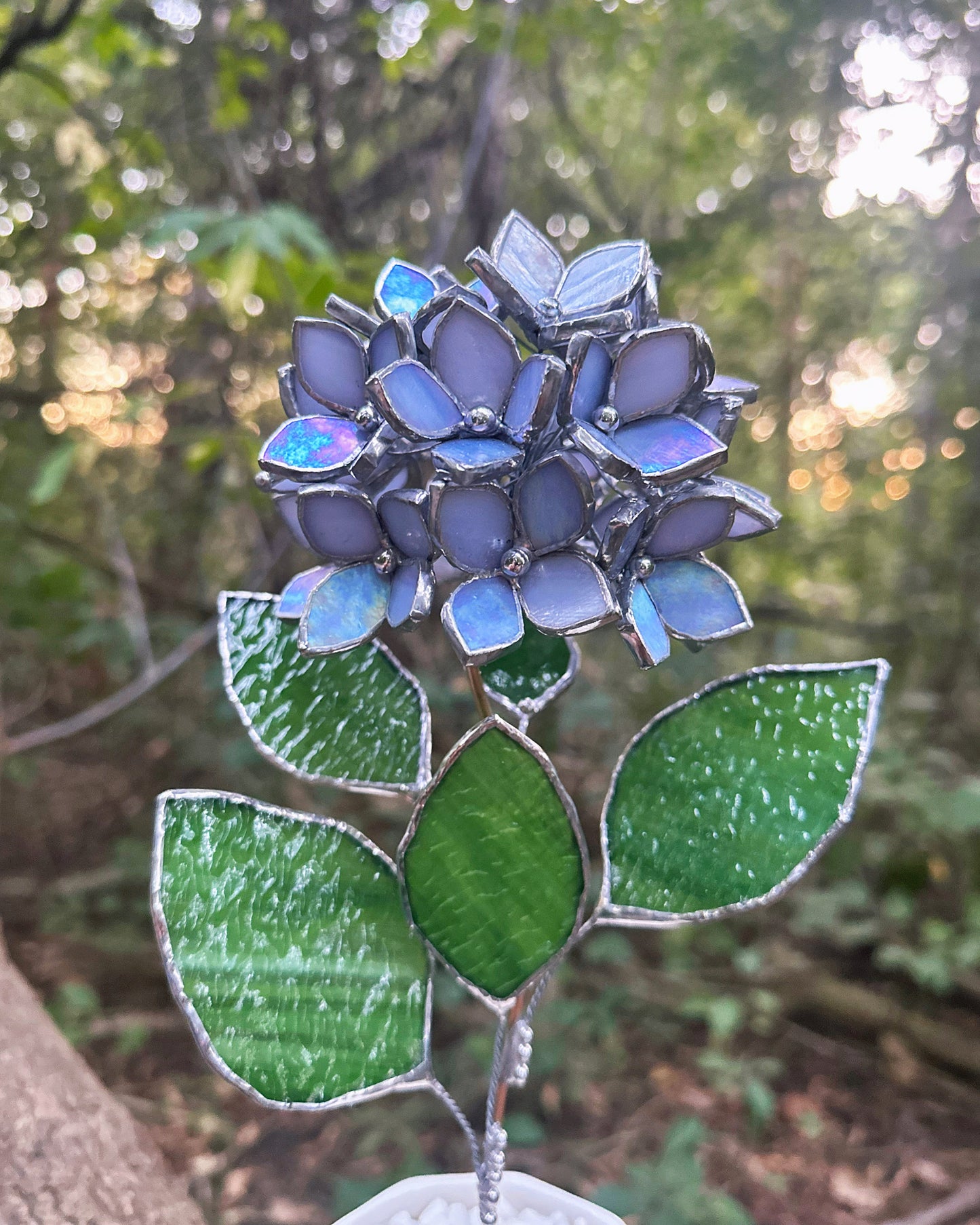 " . Blue lavender Hydrangea bunch iridescent in the pot”, Stained glass tropical flower 3D, Sun catcher, Table plant, Garden stick, Outdoor and gardening decor