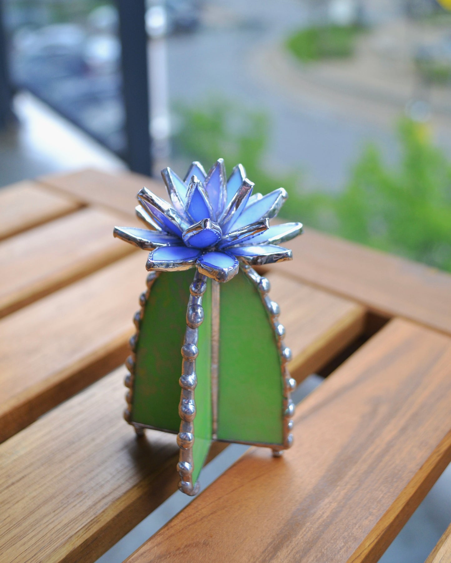 "Cactus Irid Blue " Stained glass , Succulent 3D design, Mother’s Day gift, house plant for flower pot, Sun catcher, glass art