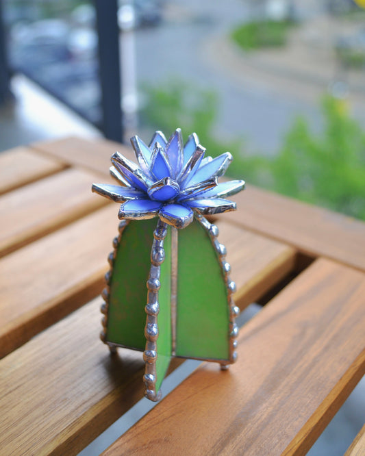 "Cactus Irid Blue " Stained glass , Succulent 3D design, Mother’s Day gift, house plant for flower pot, Sun catcher, glass art