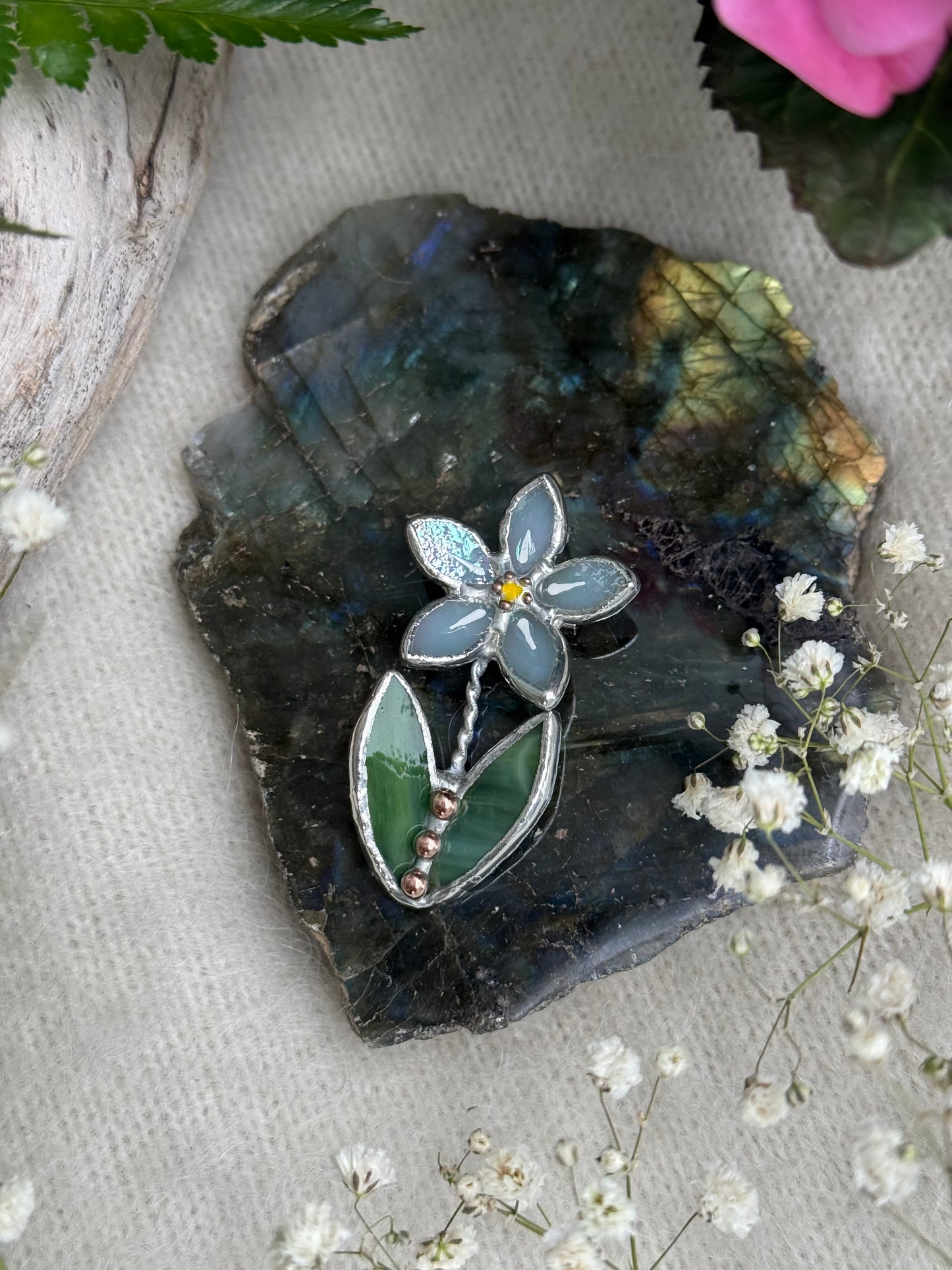 Forget me not Blue Brooch Stained Glass Flower Pin, Modern Art Jewelry statement ready