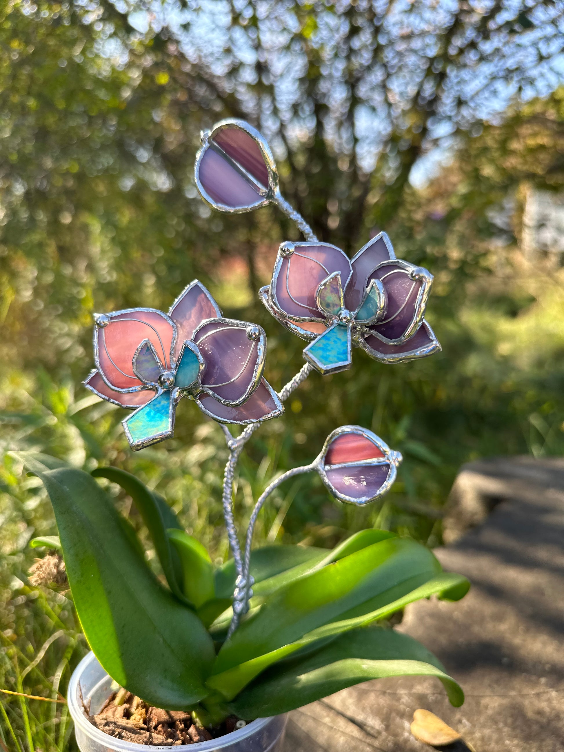 decorative potted plant stakes Orchid Dusty Rose Stained Glass Plant Stake, Botanical Pot Decor