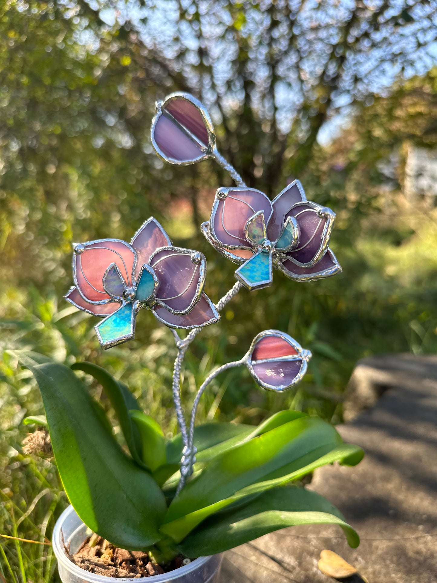 " . Dusty Rose Orchid flower stick, Plant stake 2 flowers no pot” Stained glass tropical flower 3D, Sun catcher, Table plant, Garden stick, Outdoor and gardening decor