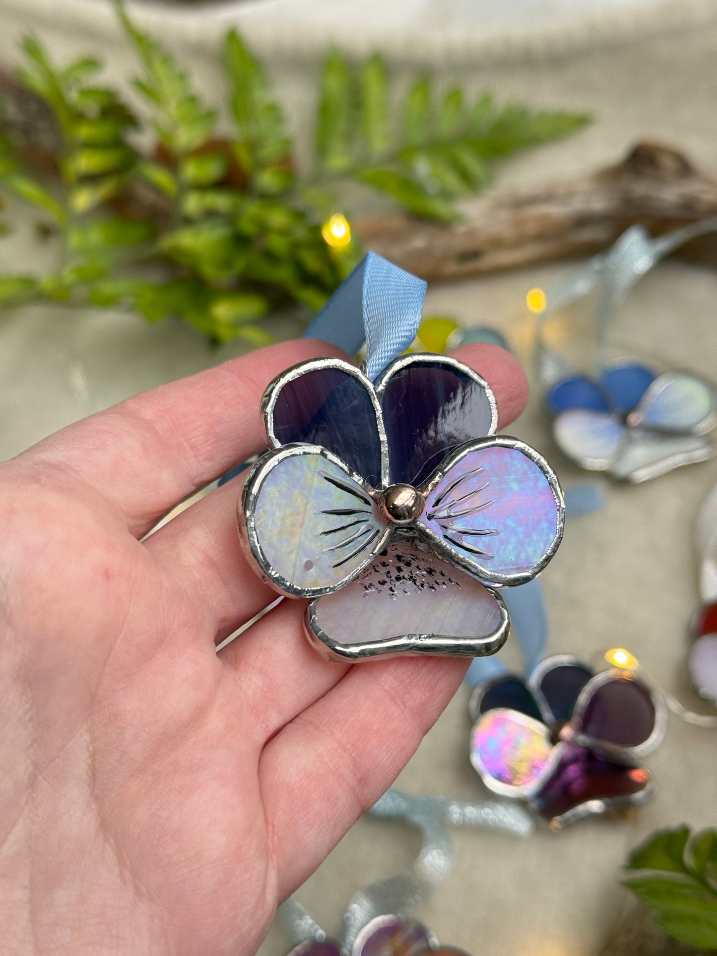 " . Pansy flower Grape purple & white irid , Stained glass Decorative ORNAMENT, Christmas decoration, Suncatcher new