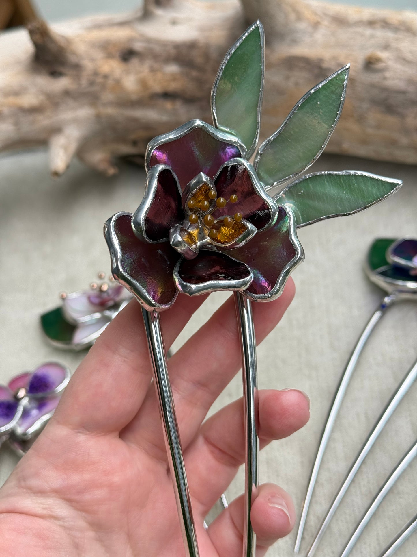 .Hair Pin Stained Glass Peony Flower CHOOSE COLOR Handmade Accessories