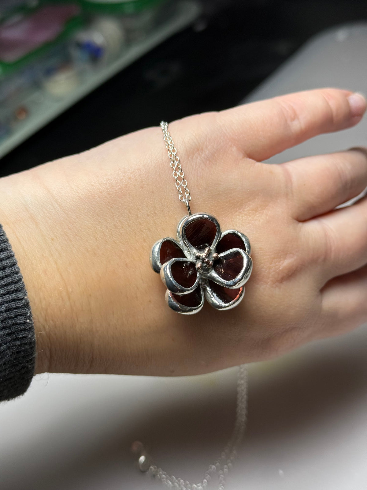 Chocolate Cosmos Flower Stained Glass Necklace, Handmade Botanical Jewelry