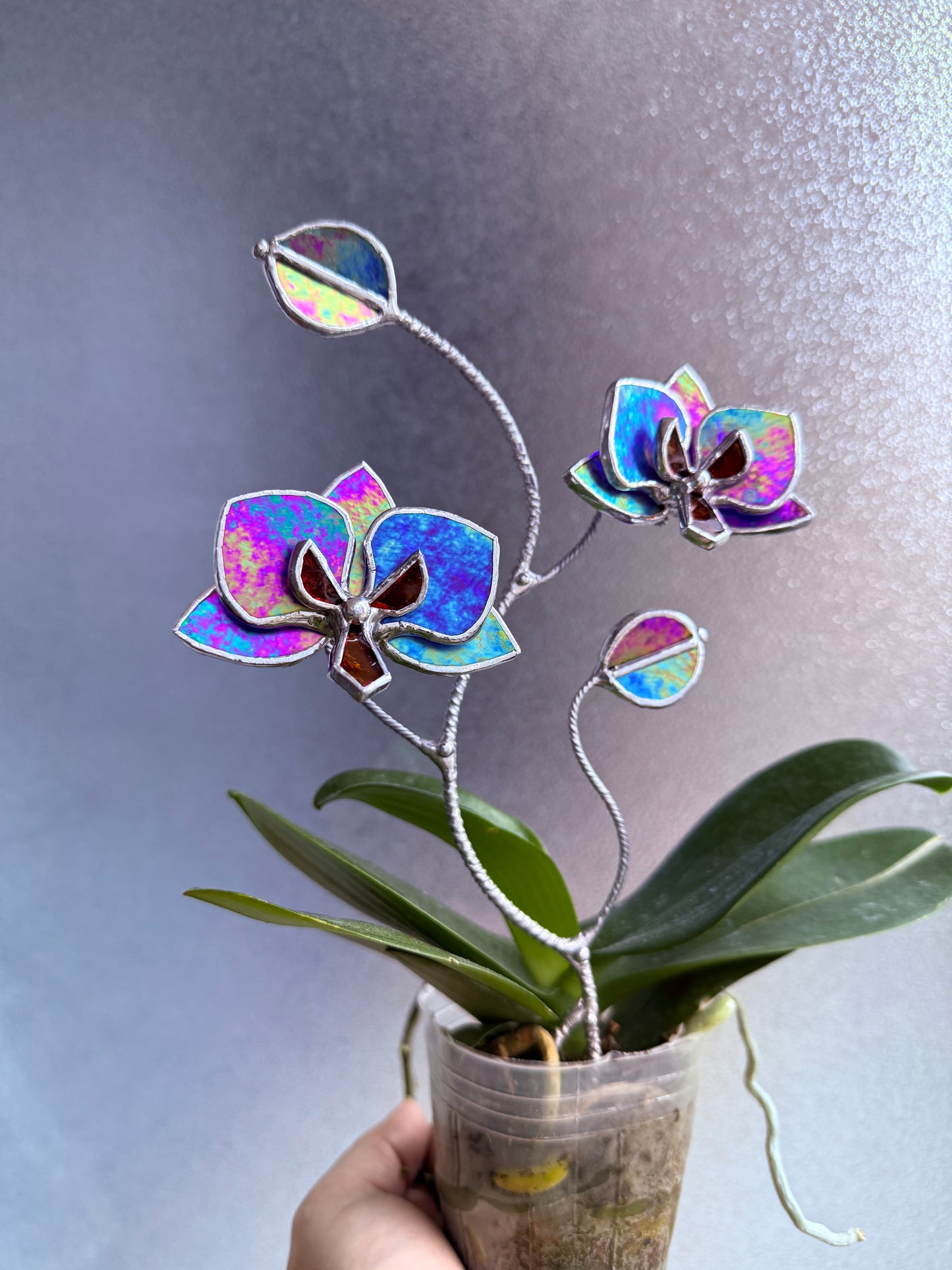 " . Indigo irid Orchid flower stick, Plant stake 2 flowers no pot” Stained glass tropical flower 3D, Sun catcher, Table plant, Garden stick, Outdoor and gardening decor