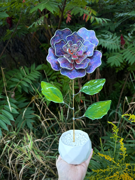 .Multicolor Peony Stained glass flower with RESIN LEAVES 3D Botanical Table Plant Decor