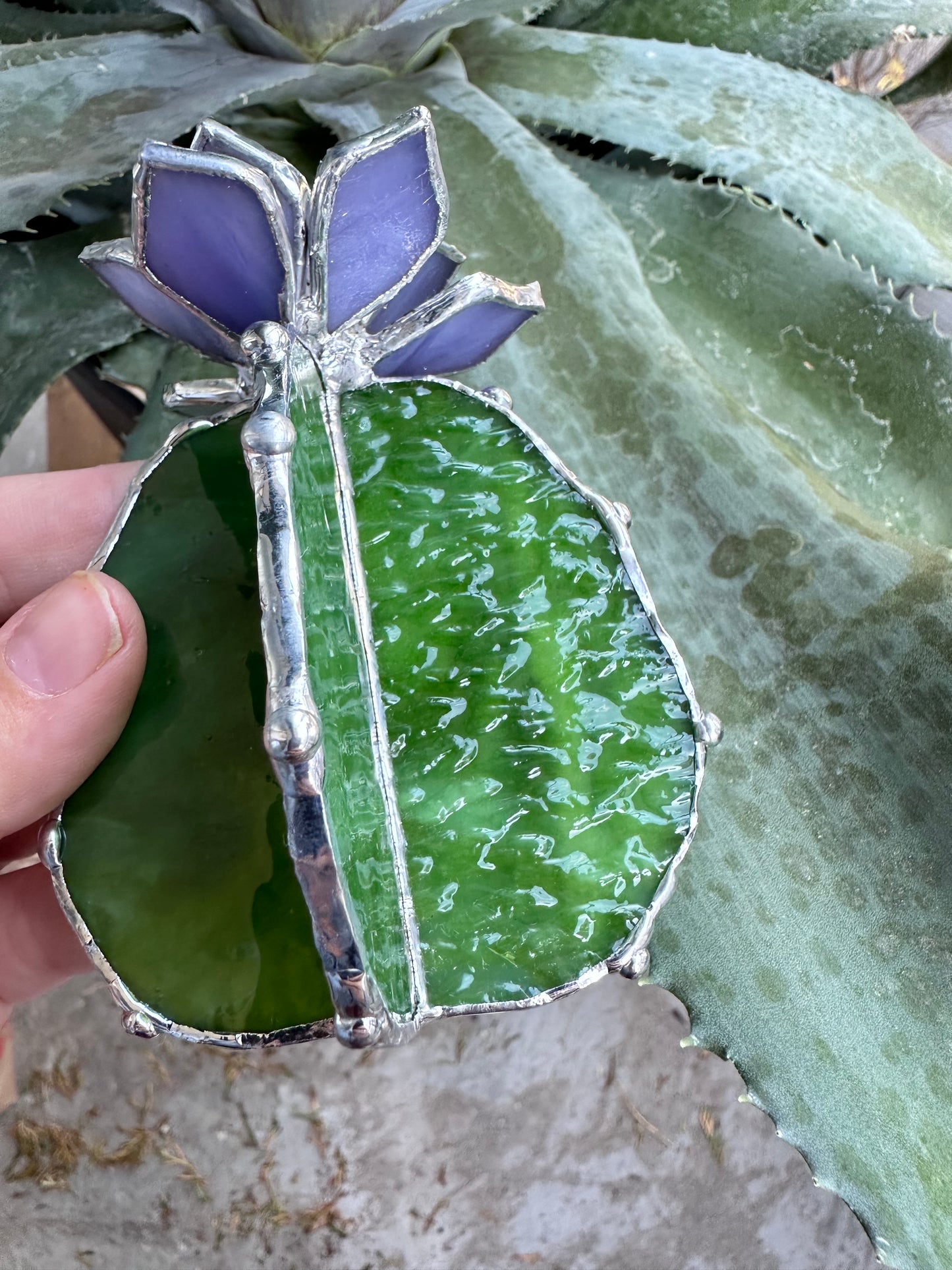 " . Cactus Lavender & Green ribbed" Stained glass Succulent 3D Cacti house plant for flower pot Sun catcher glass art wedding Christmas