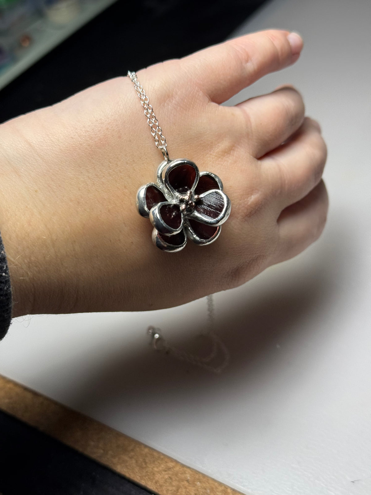 Chocolate Cosmos Flower Stained Glass Necklace, Handmade Botanical Jewelry