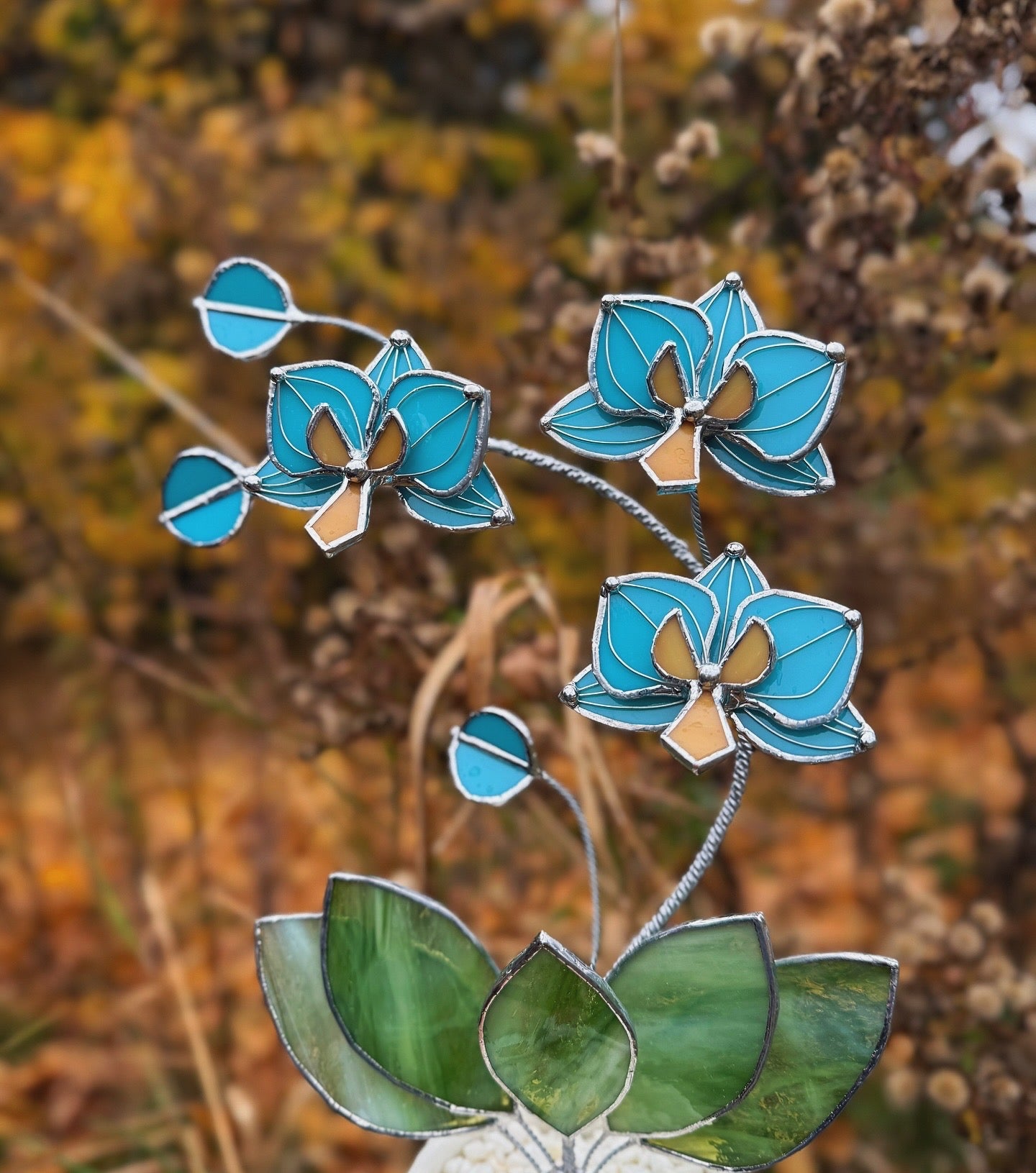 " . Tiffany turquoise Orchid 3 flowers with pot” Stained glass tropical flower 3D, Sun catcher, Table plant, Garden stick, Outdoor and gardening decor, available