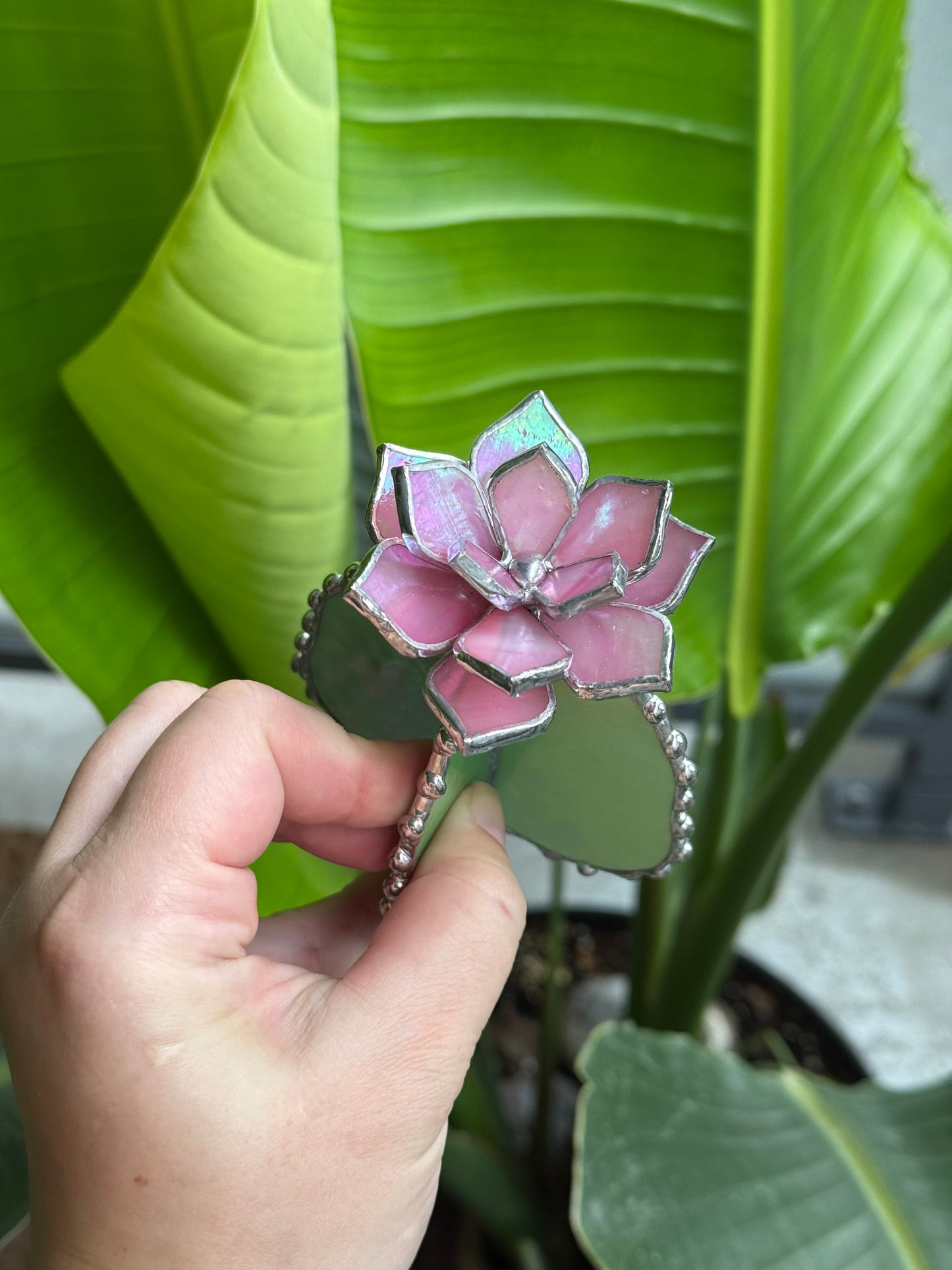Cactus Pink iridescent Handmade 3D Stained Glass Decor Modern Art