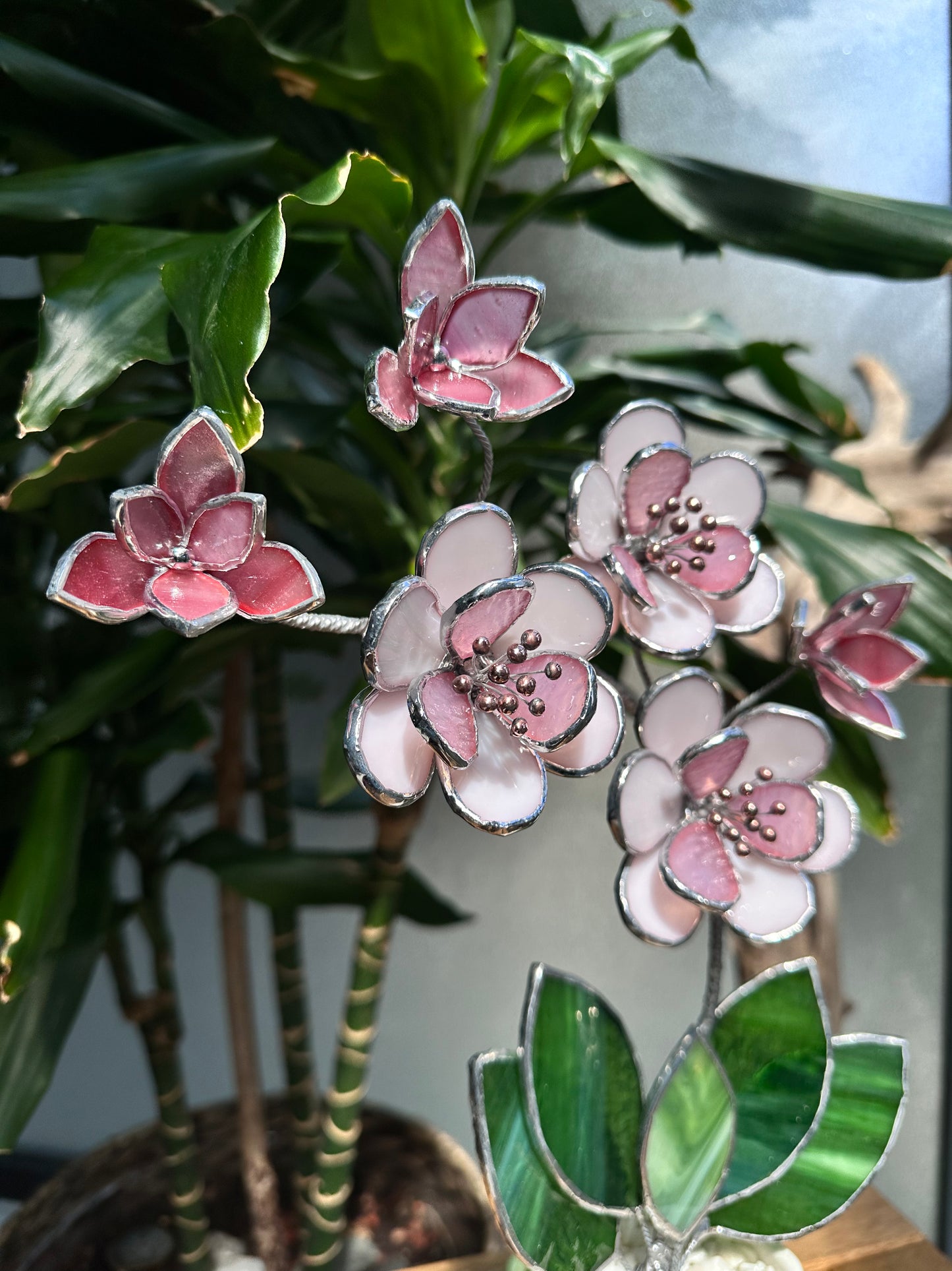 " . Sakura flowers with pot" Stained glass tropical flower 3D, Sun catcher, Table plant, Garden stick, wedding decor, Christmas gift