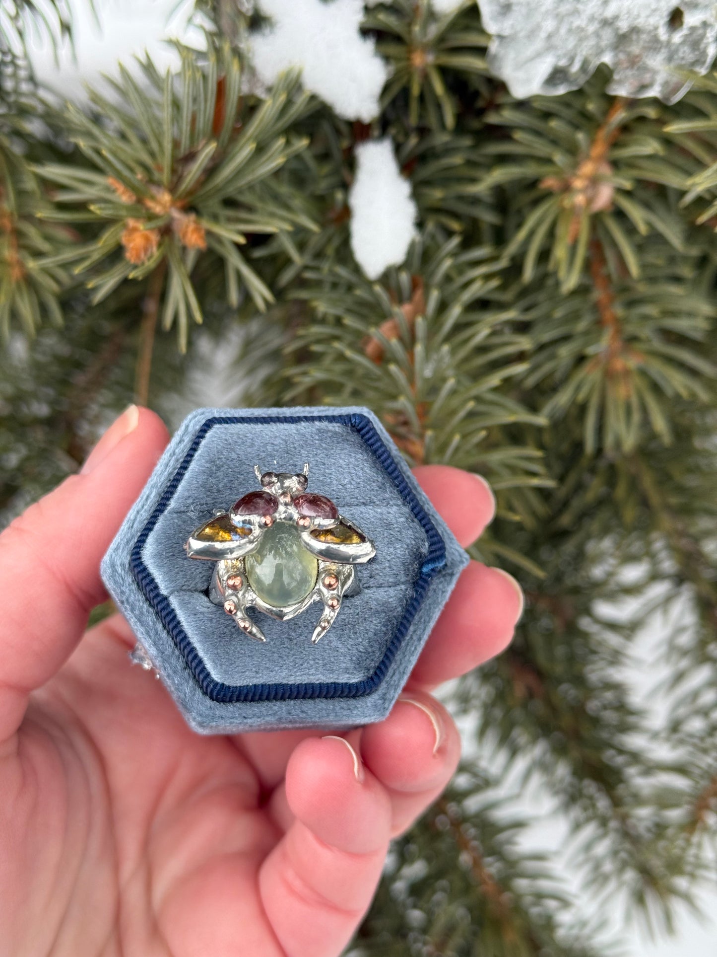 " . Bug Ring “Flower Chafer with Pink Tourmaline & Olive Prehnite”, art jewelry pendant with gemstones 3D wedding jewelry Mother’s Day gift