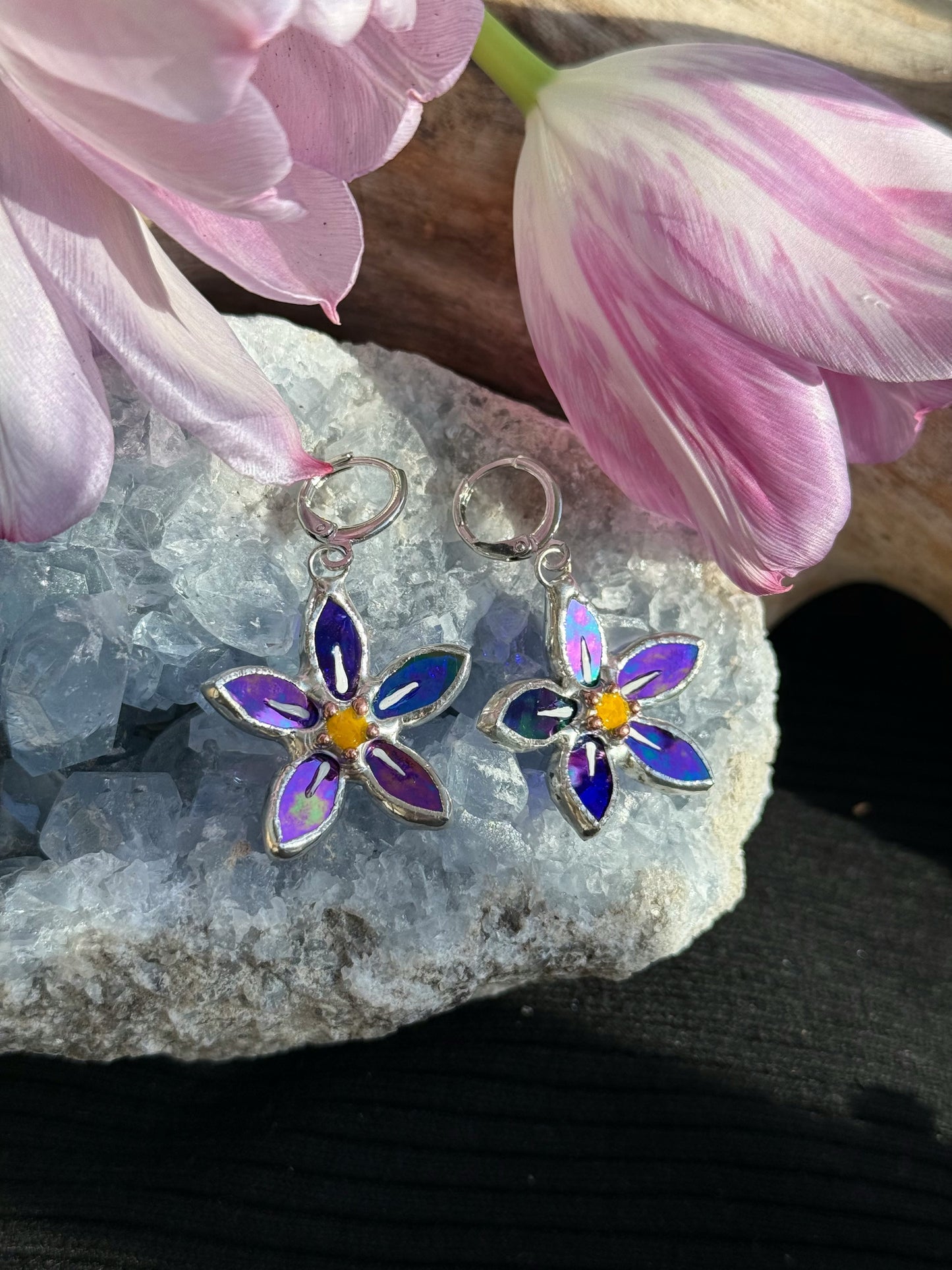 .Forget Me Not Earrings Indigo Luminescent Handcrafted Stained glass Botanical Art Jewelry