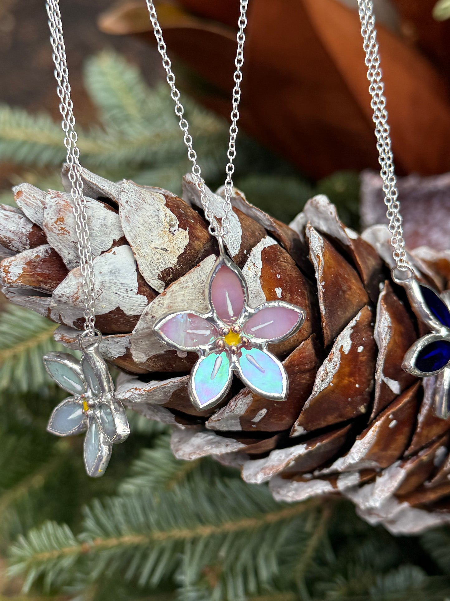 Forget Me Not Handmade Stained Glass Necklace Pink, Botanical Jewelry